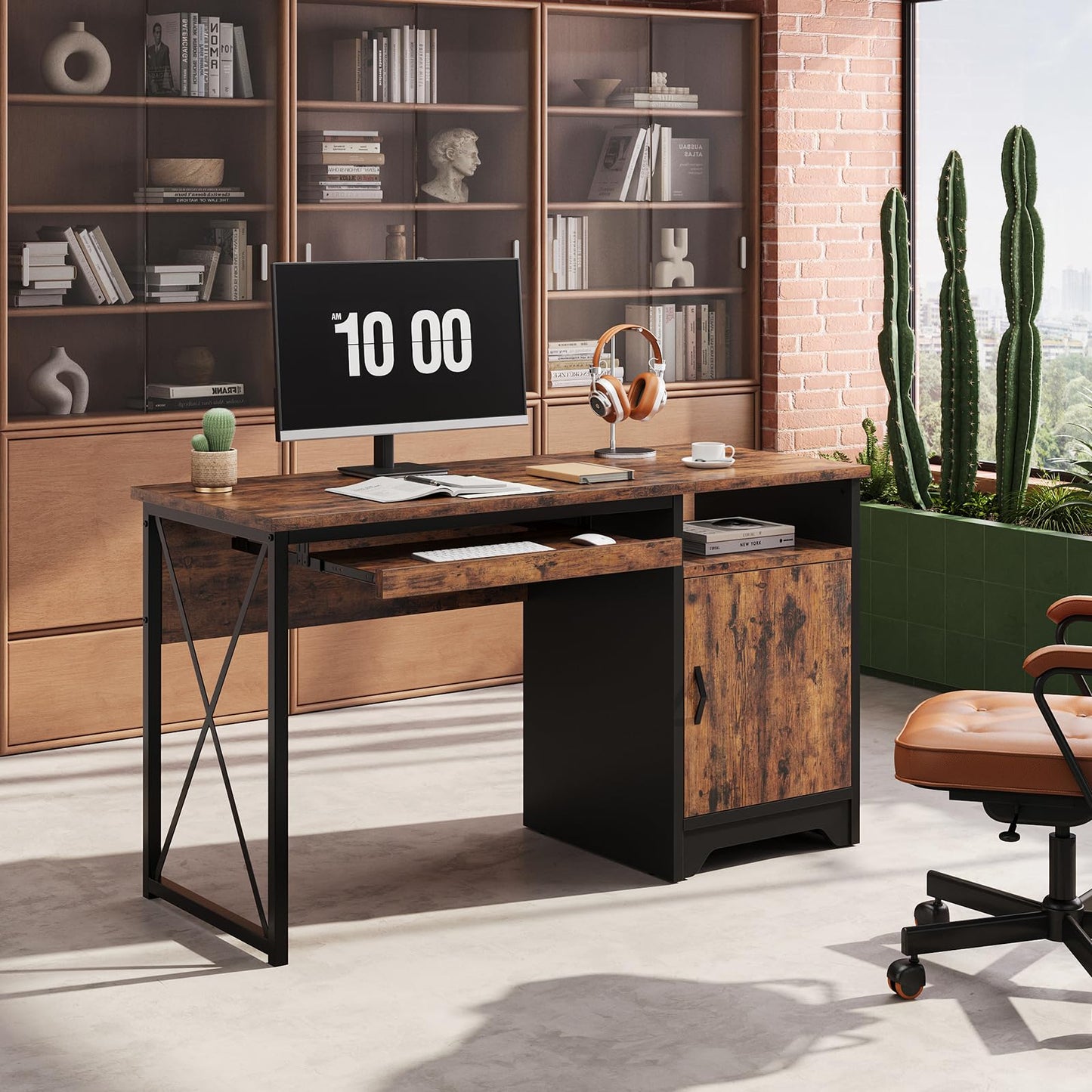 Bestier Office Desk with Keyboard Tray, 47 inch Industrial Computer Desk with Storage, Reversible Executive Desk with File Cabinet for Home Office Bedroom, Rustic Brown