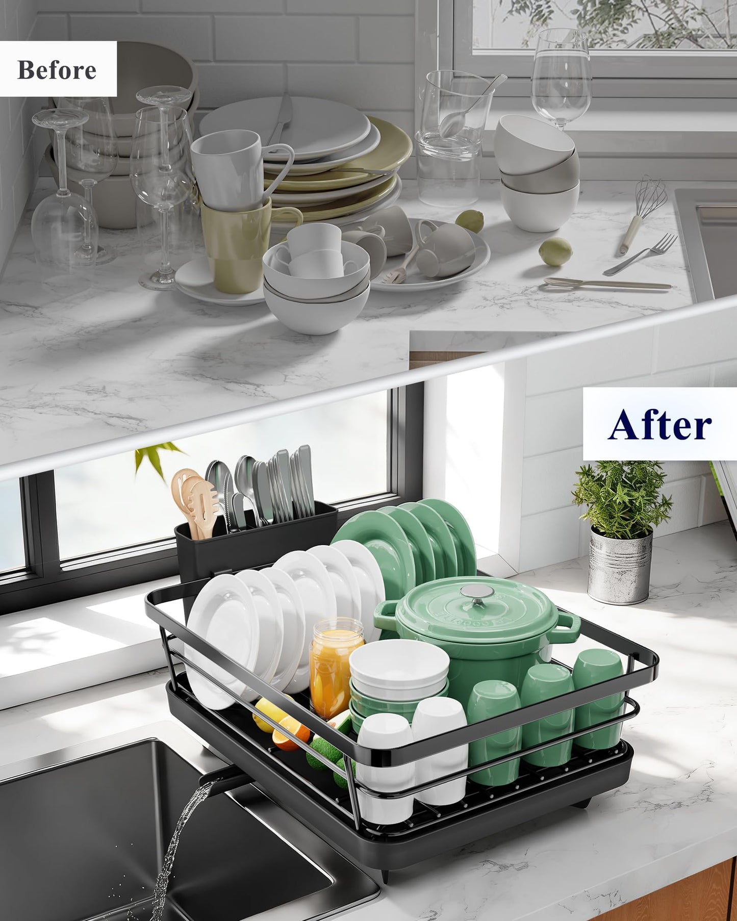 Kitsure Dish Drying Rack for Kitchen Counter, Stainless Steel Sink Organization and Storage Essentials with Cutlery Holder, Home and Appartment Decor, 12''W x 15.5''L, Black