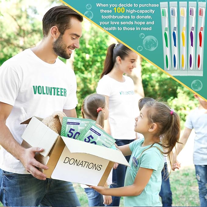 100 Pcs Toothbrush Bulk Disposable, Travel Toothbrushes Pack, Soft Bristle Individually Wrapped and Good Cleaning for Kids, Adult and The Elderly. Suitable for Hotel, Travel, Home, Donated