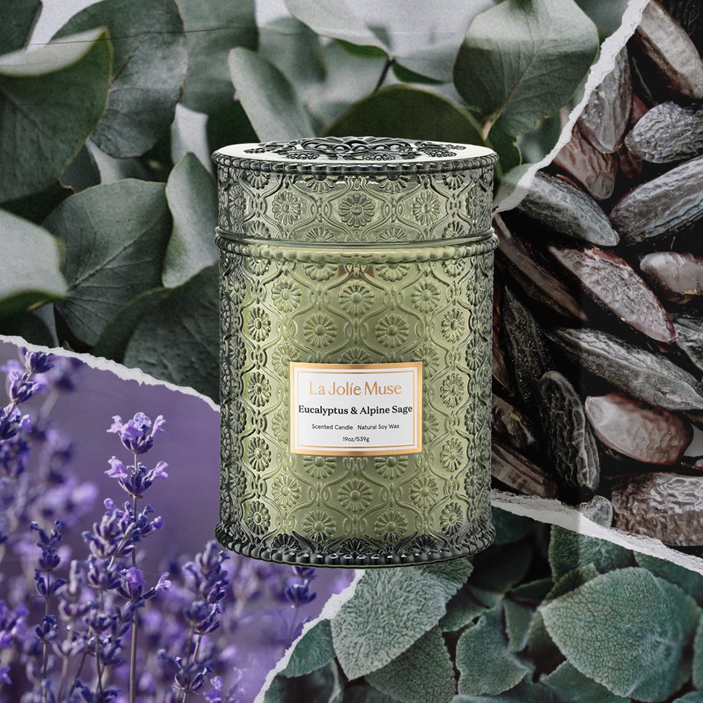 LA JOLIE MUSE Scented Candles Eucalyptus & Alpine Sage, 19 oz Large Wood Wicked Candle, Decorative Candles in Glass, Natural Soy Wax, 90 Hours Long Burning