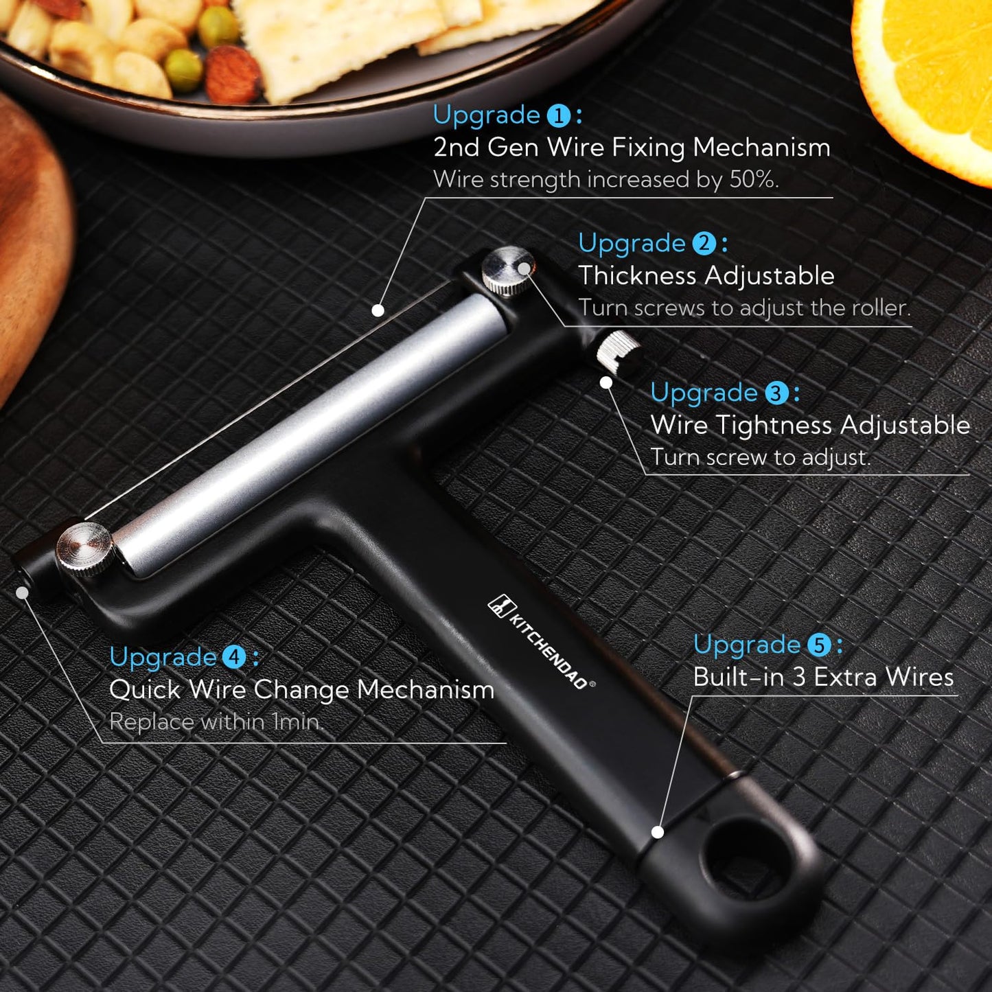 KITCHENDAO Adjustable Wire Cheese Slicer Cutter, 50% Stronger Wires with 2nd Gen Wire Fixing Mechanism, Adjustable Hand-Held Wire Cheese Cutter, Quick Replacement, Dishwasher Safe, with 3 Extra Wires