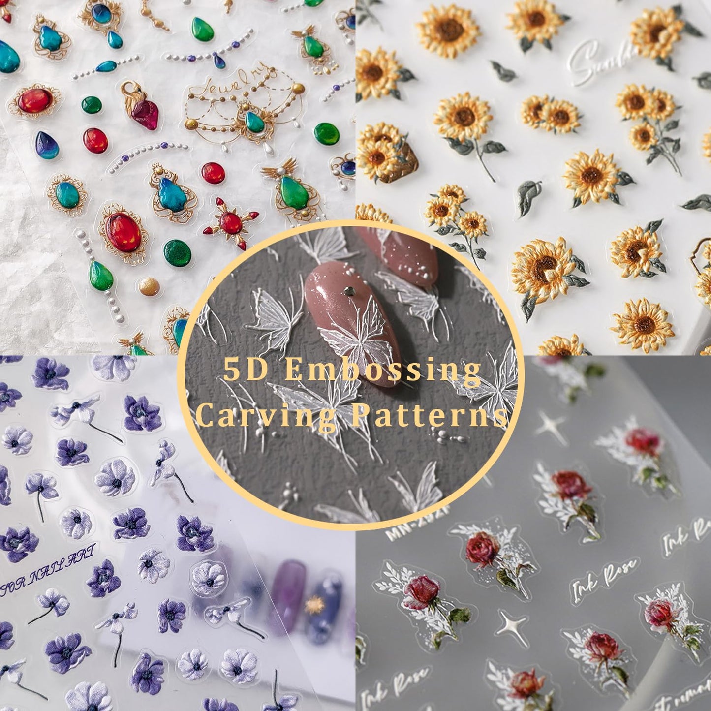 5D Embossed Nails Art Stickers Nail Decals for DIY Nail Art Self-Adhesive Nail Stickers for Nail Art Nail Supplies Accessories for Women Girls Kids