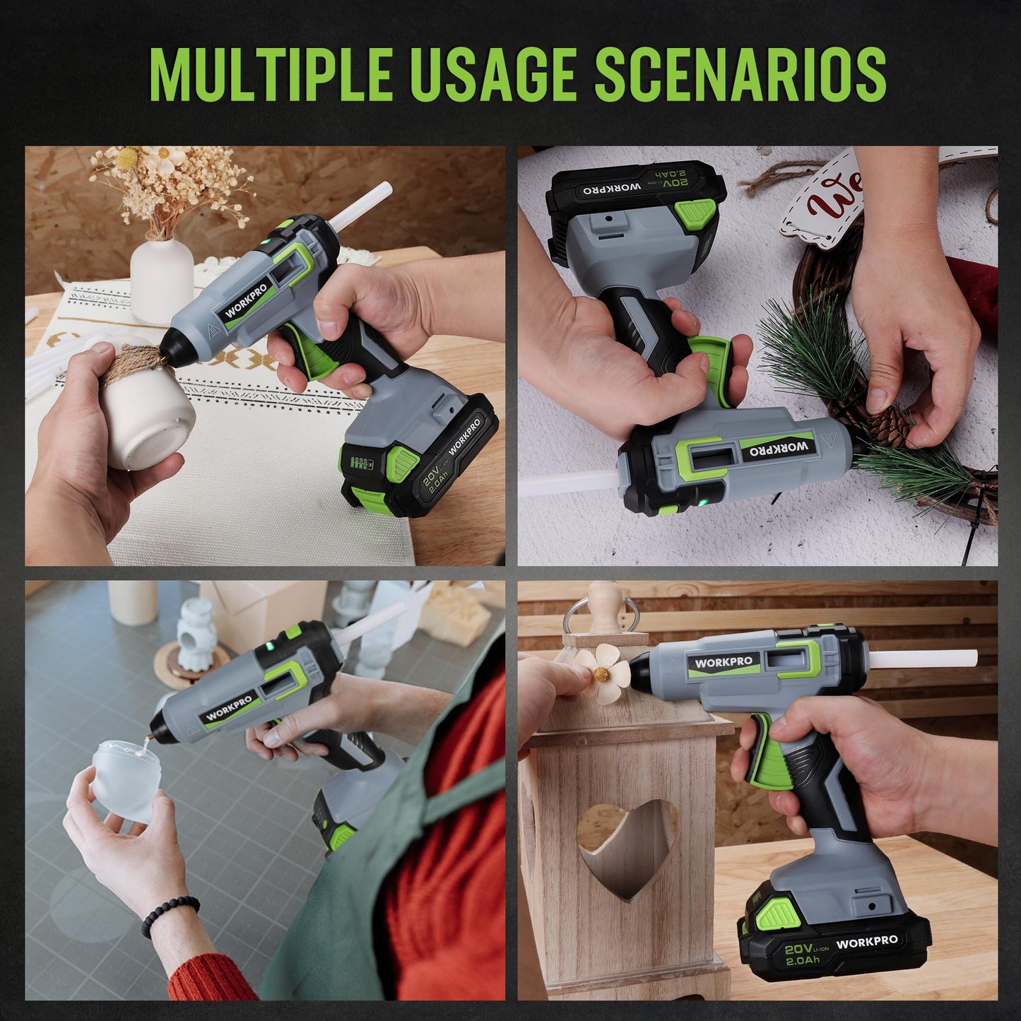 WORKPRO 20V Cordless Hot Melt Glue Gun Kit, 2.0 Ah Li-ion Battery Powered Rechargeable Full Size Hot Glue Gun, 45S Fast Preheating, Heavy Duty Wireless Glue Gun with 12 Pcs Glue Sticks for DIY & Craft