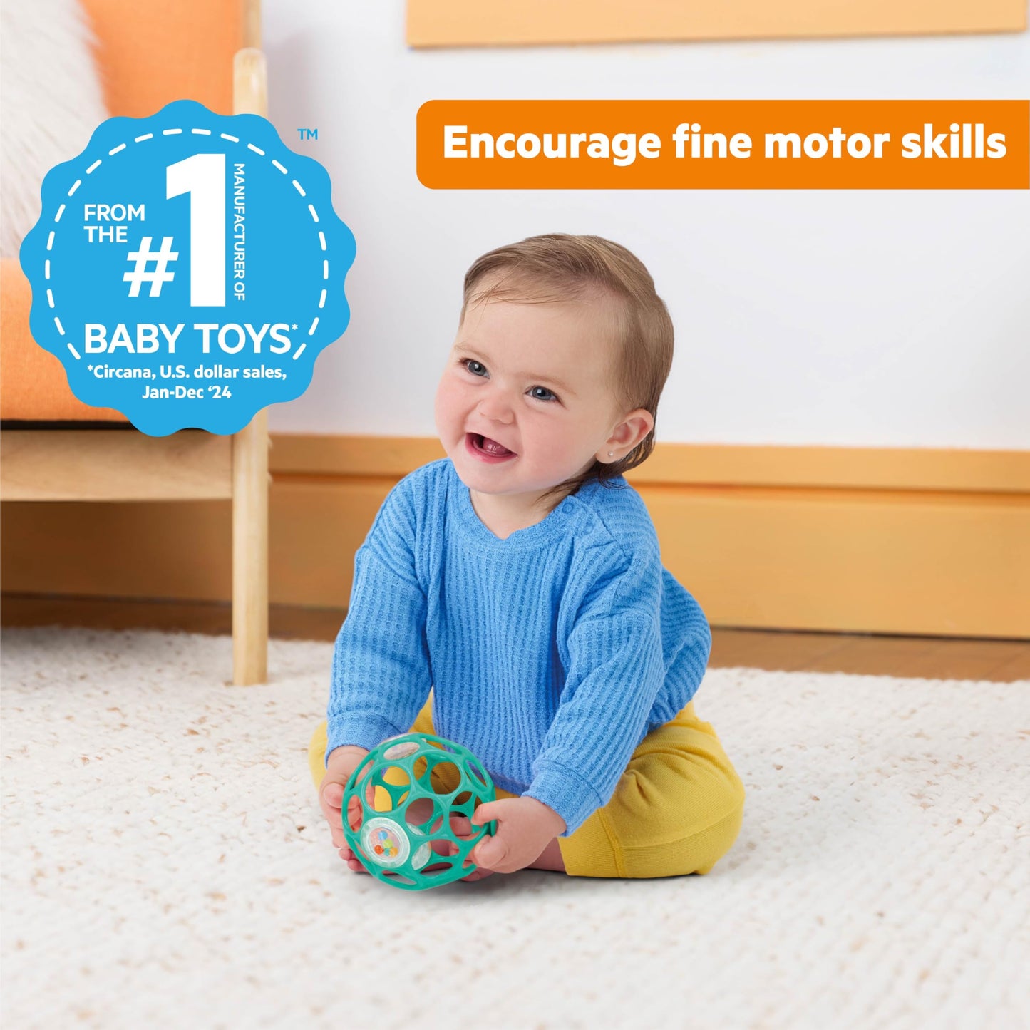 Bright Starts Oball Easy-Grasp Rattle BPA-Free Infant Toy in Teal, Age Newborn and up, 4 Inches