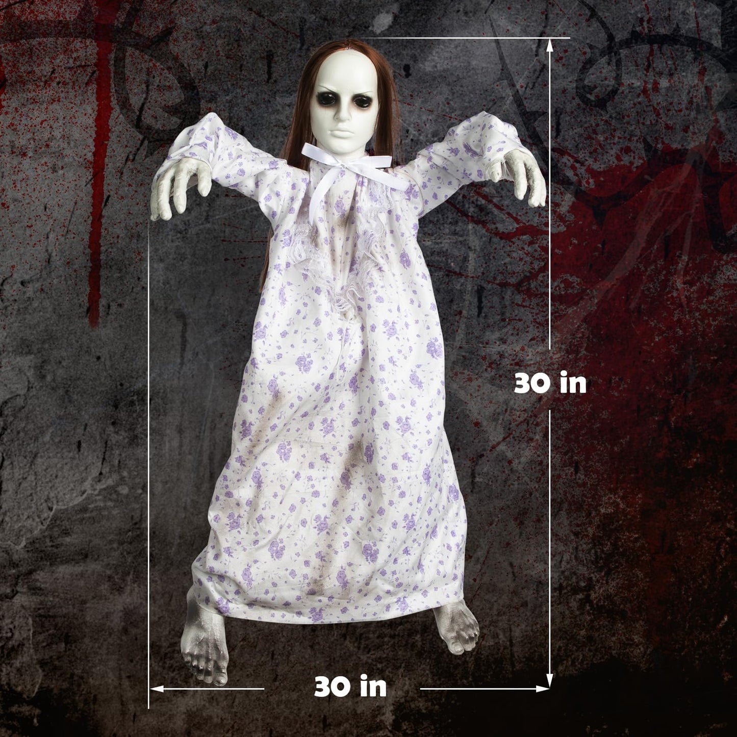 DECORLIFE 29" Halloween Animatronics, Hanging Ghost Girl with Sound Sensor and Glowing Body, Animated Haloween Decorations for Yard Lawn Garden Haunted House Scary Halloween Props