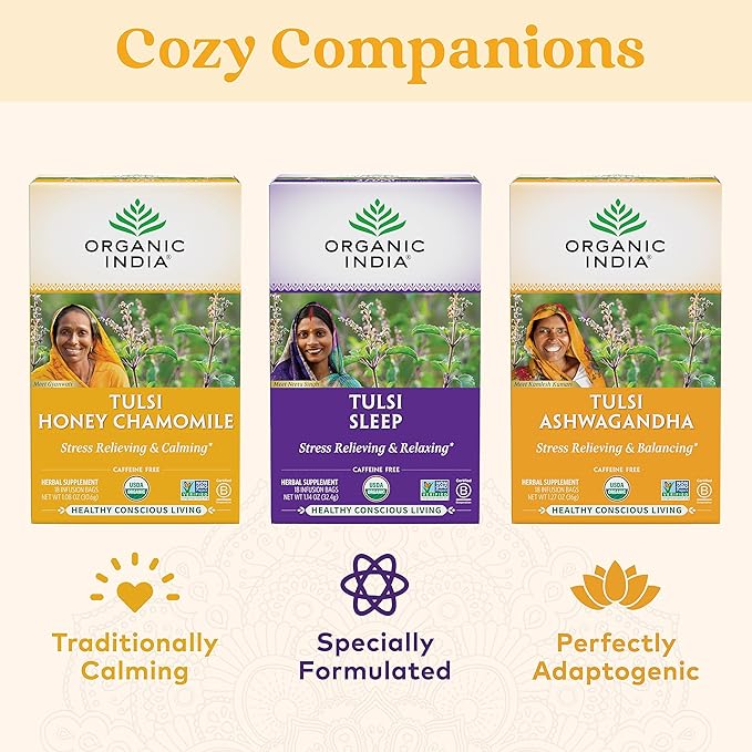 ORGANIC INDIA Tulsi Honey Chamomile Tea Bags - Herbal Tea for Stress Relieving & Calming, USDA Certified Organic, Caffeine Free - 18 Tea Bags, 3 Pack