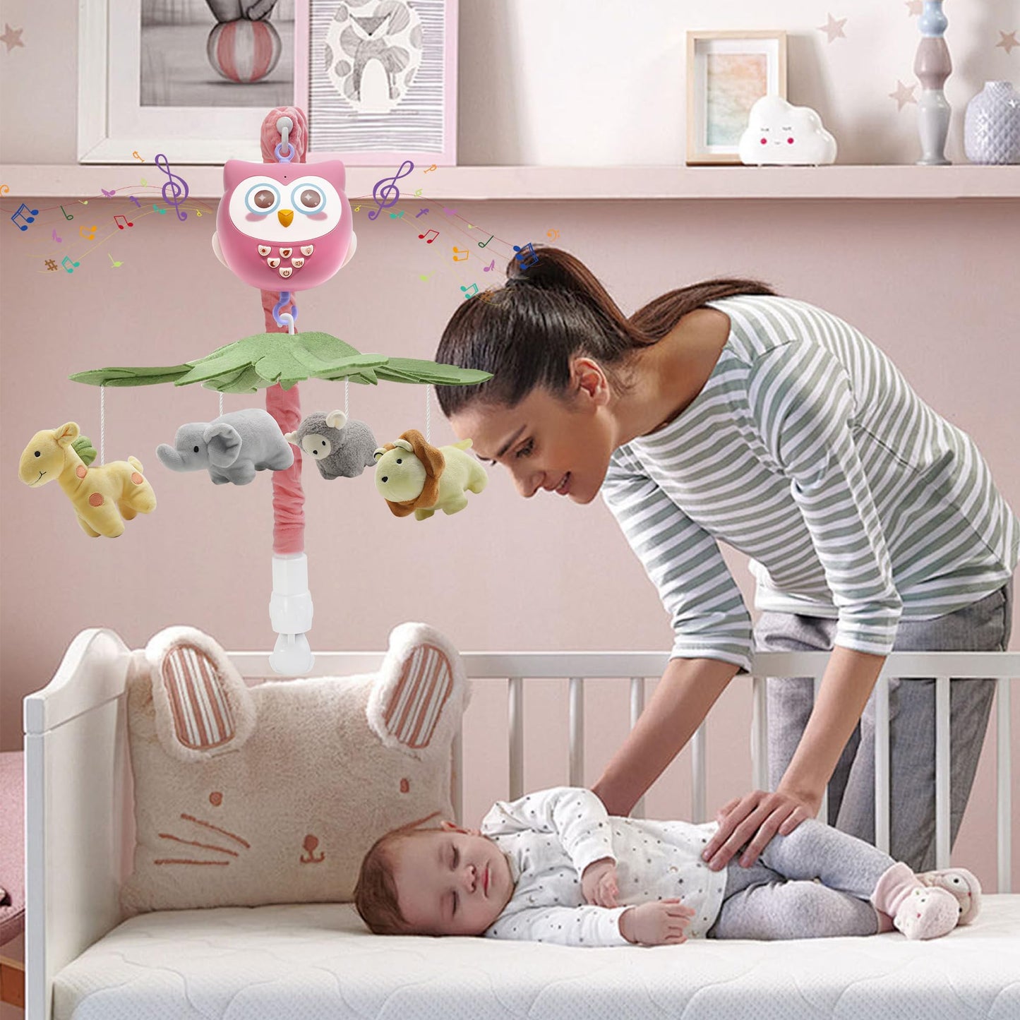 YUNGCHI Baby Crib Mobile with Music and Lights for Boys Musical Mobile Safari Animals for Girl Crib Bassinet Toys Hanging Portable Baby Mobile for Pack and Play Pink