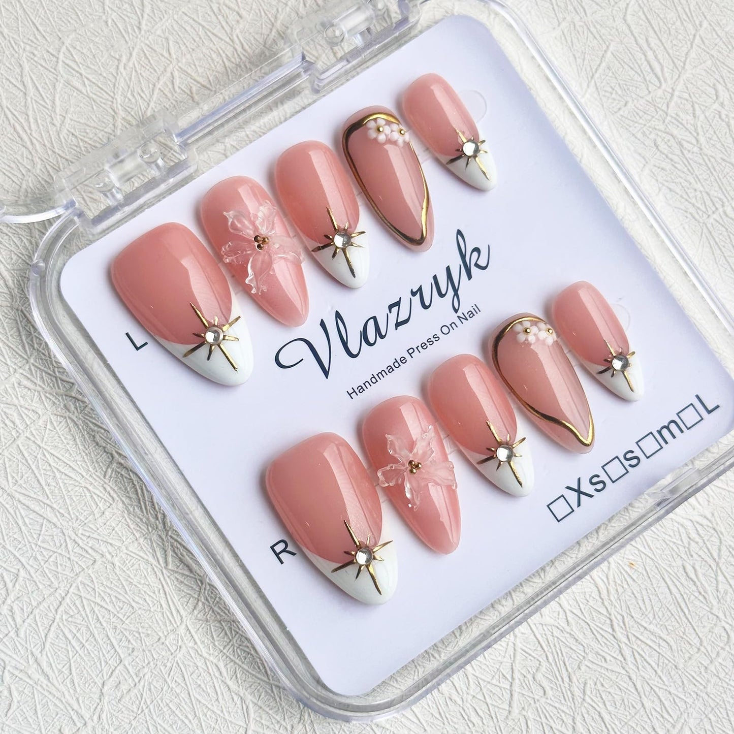 Short Brown French Tip Press On Nails ,3D Metallic Rhinestones style Design Handmade Press On Nails ,Reusable Glam Art Acrylic False Nails S SIZE
