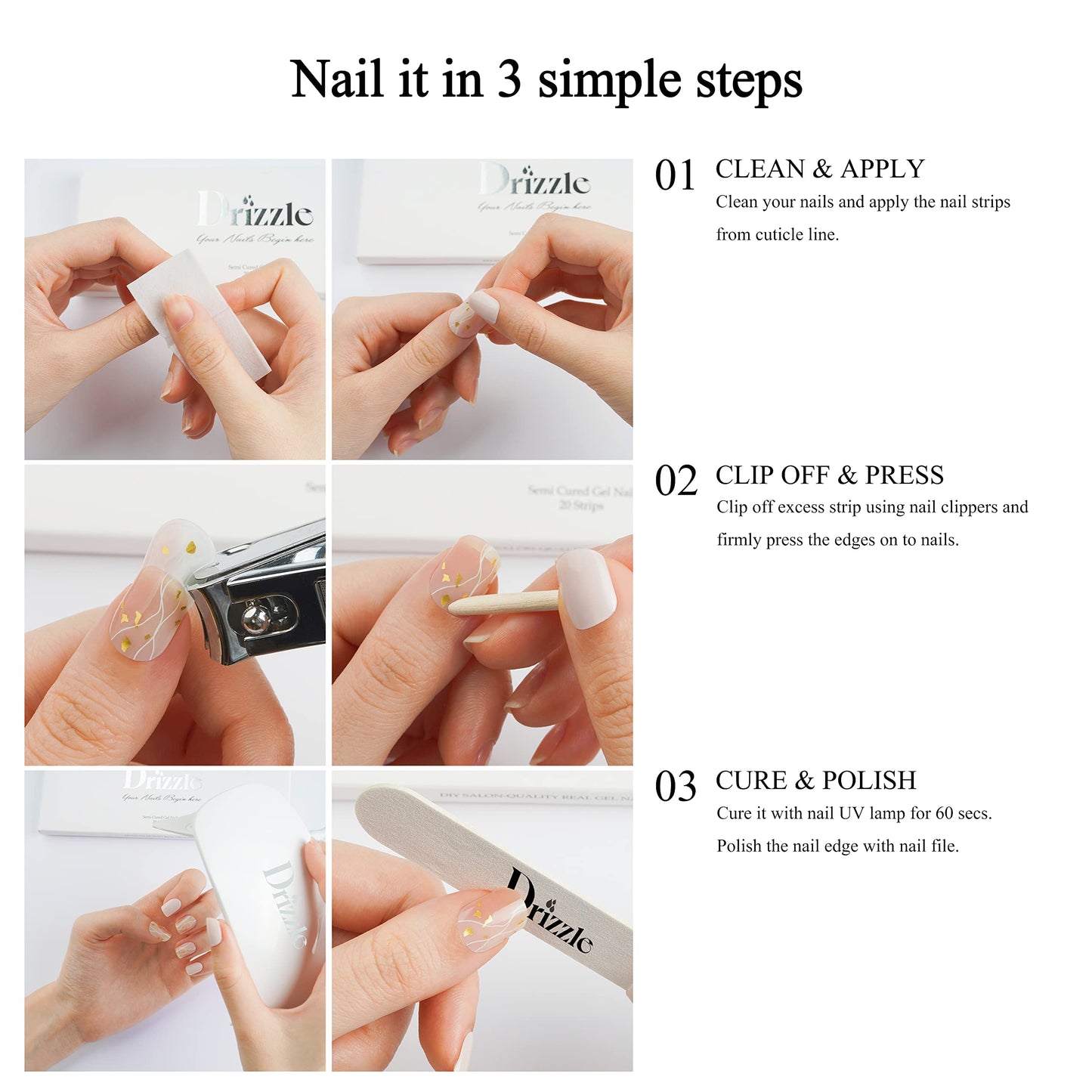 Drizzle Semi Cured Gel Nail Strips, Real Nail Polish Art Stickers (UV/LED Light Required), Glossy, Glitter, Solid Color, Full Nail Wraps, Nail Strips Decal for Women Christmas(White Snowflake)