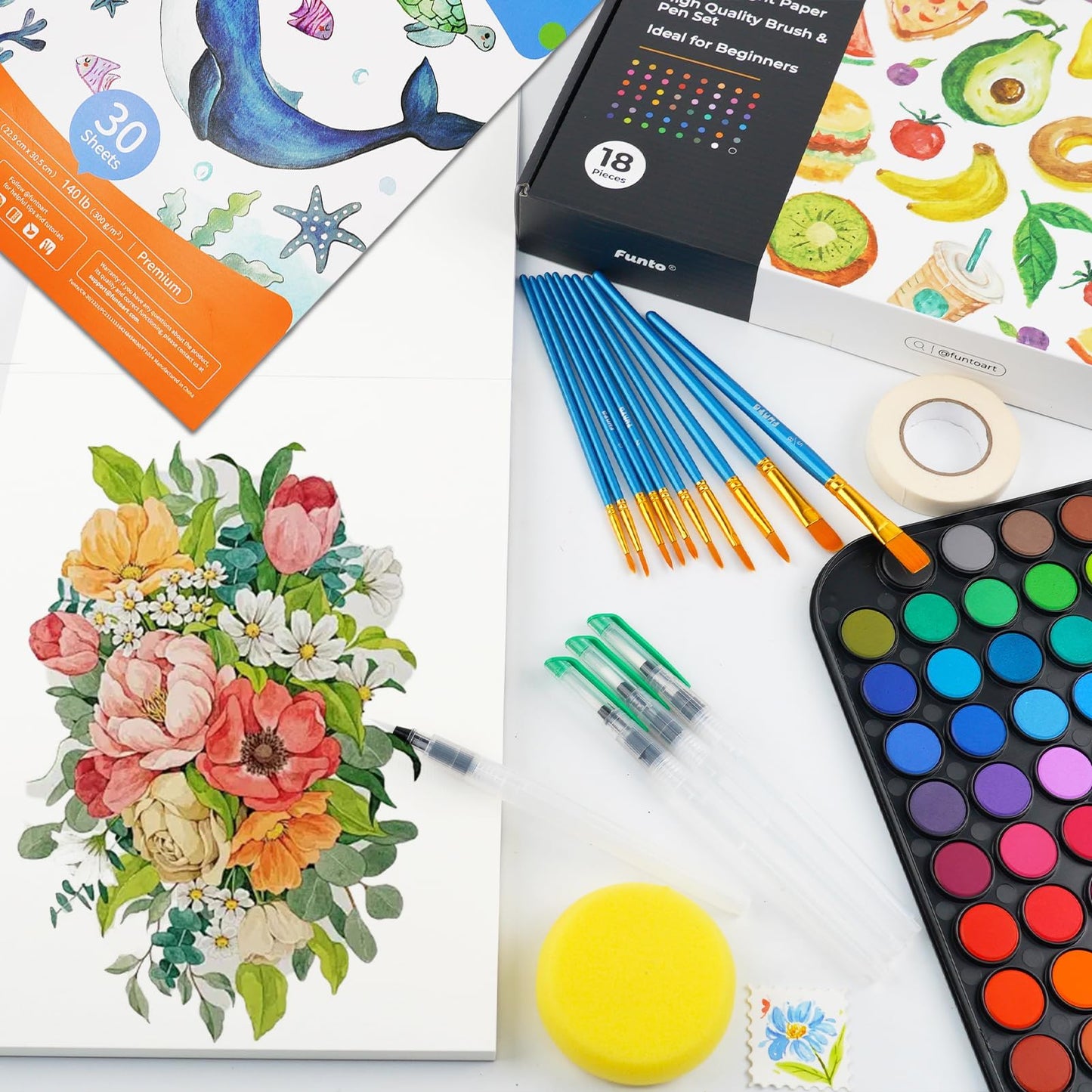 Funto Watercolor Set, 48 Color Paint Set, 10 Brushes, 30 Page Pad(9"x12"), 4 Refillable Pens & More, Painting Kit for Kids, Adults, Beginners
