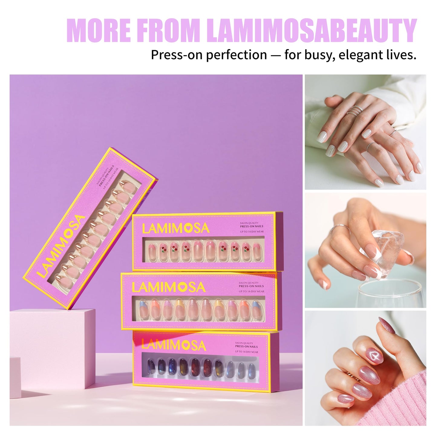 LAMIMOSA 32Pcs French Tip Press on Nails Short Almond - Soft Gel Fake Nails in 16 Sizes, Reusable Semi-Transparent Glue on Nails Kit, BONJOUR!