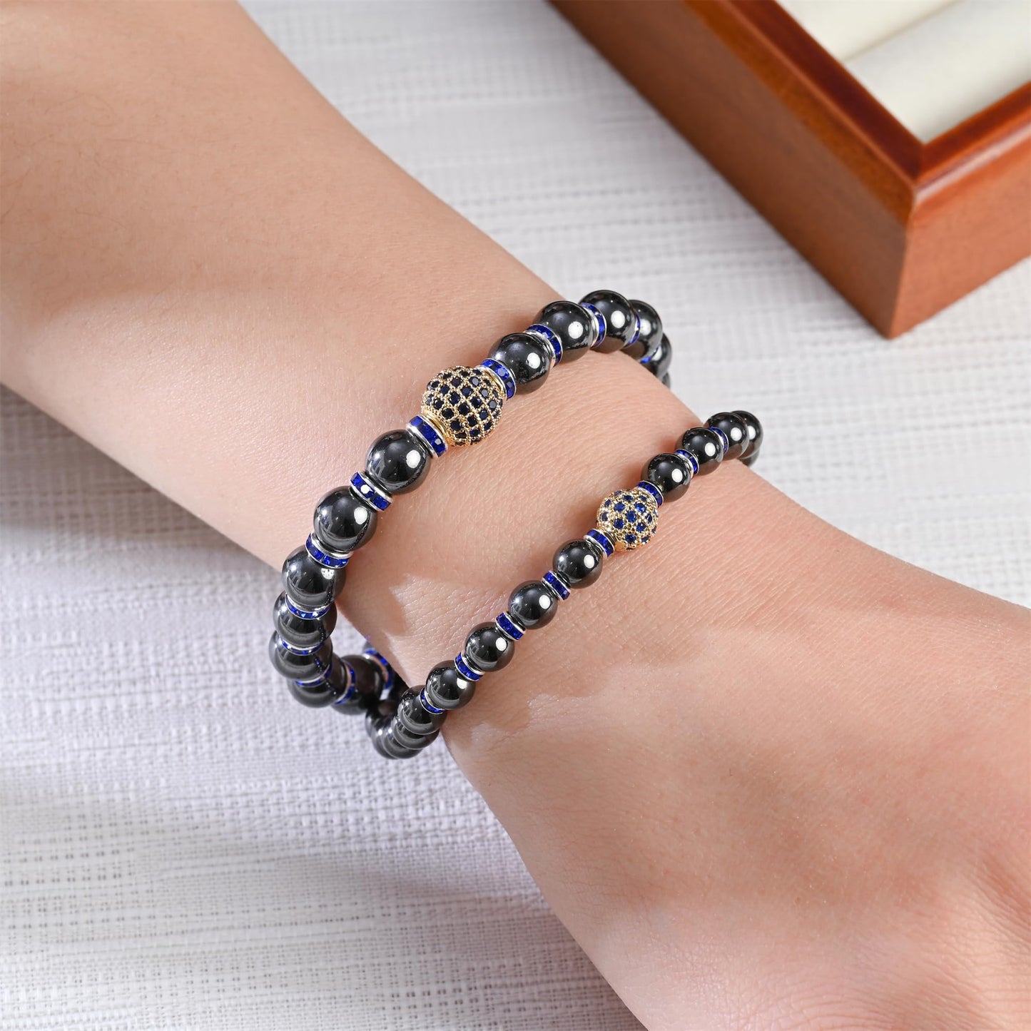 Apocalyptic-K Women's Magnetic Bracelet,Hematite Bracelets,Magnetic Bracelets With Zirconia,Handmade Stretch Bracelet,Eliminates static electricity. (6MM Blue &8MM Zirconia)