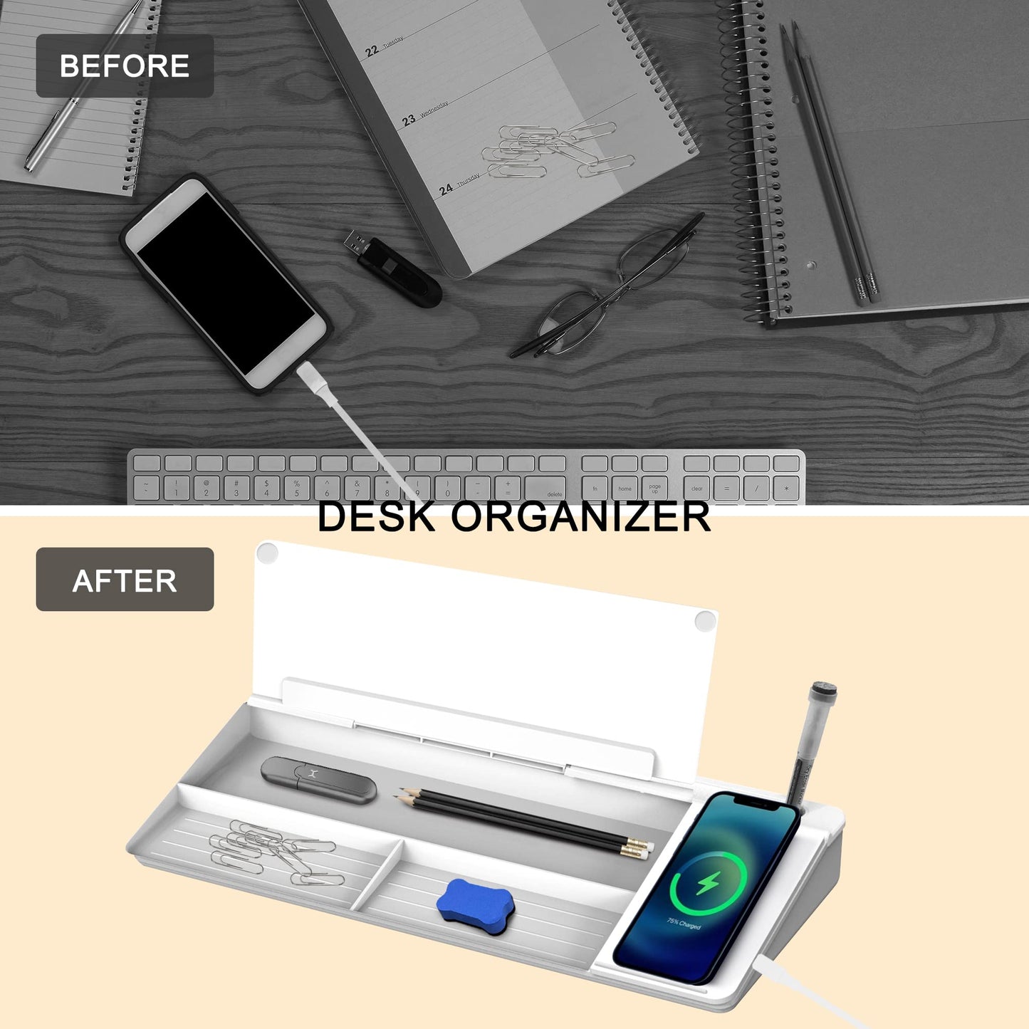 SELEAD Desktop Glass Whiteboard with Wireless Charger Station, Dry Erase Board Computer Pad Keyboard Stand with Organizer Drawer for Home, School, Office Desk Accessories, White