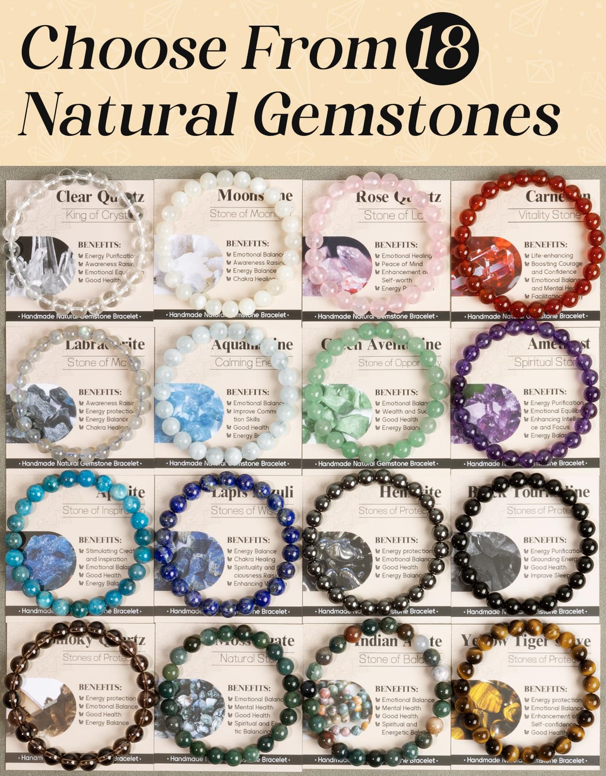 Landorilo Beaded Bracelet for Men Women, 8mm Natural Stone Lapis Lazuli Healing Crystal Stretch Bracelets, Ideal Christmas Birthday Jewelry Gifts with Energy Card,Replacement Beads Included