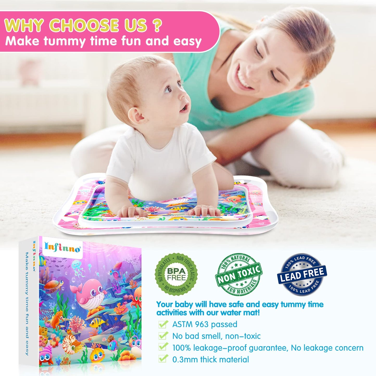 Infinno Tummy Time Mat Premium Baby Water Play Mat for Infants and Toddlers Baby Toys for 3 to 24 Months, Strengthen Your Baby's Muscles, Pink Theme Toys