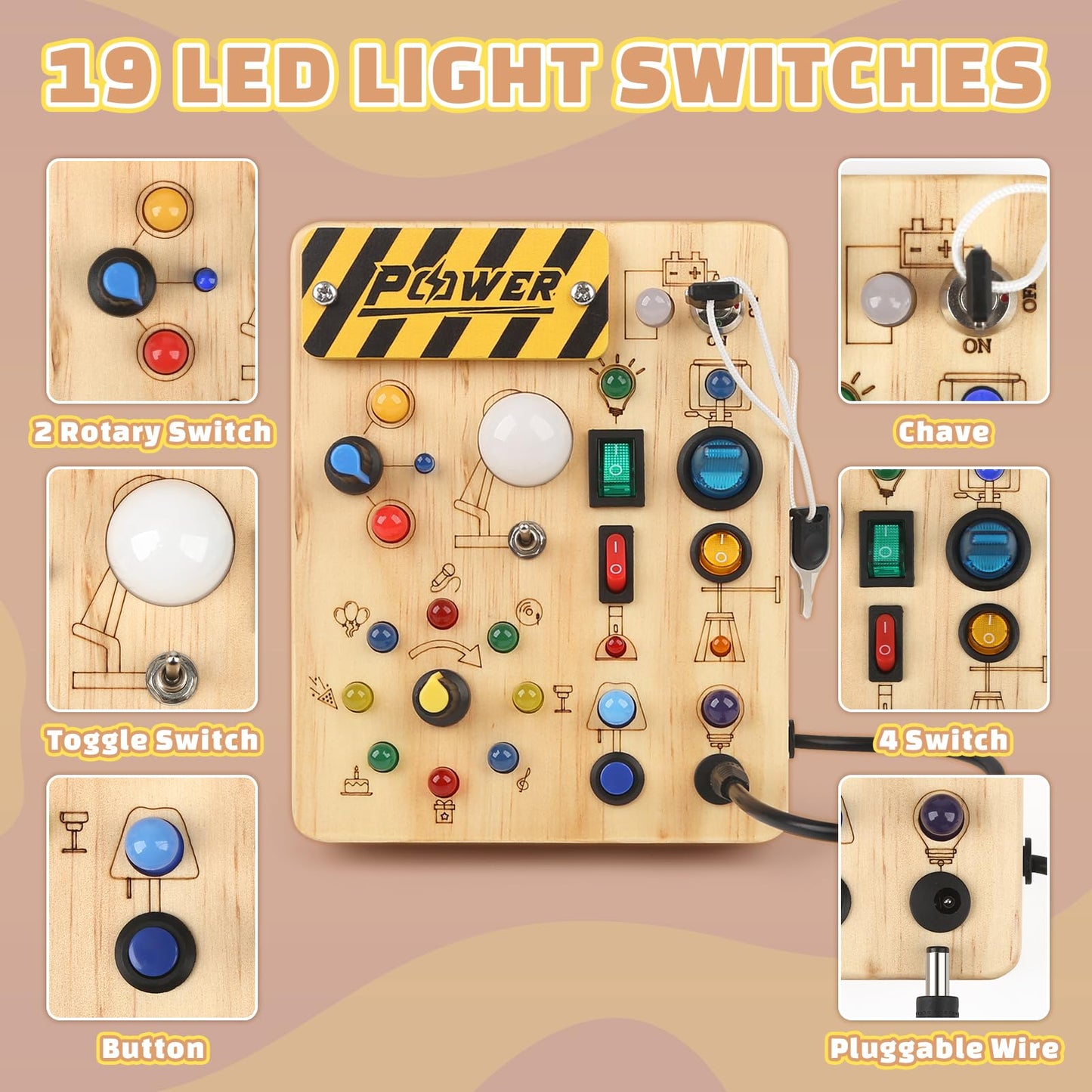 Joyreal Montessori Busy Board Wooden Sensory Toys for Toddler with LED Light Up Switch, Baby Fidget Board Travel Toys for 18+ Months, 1 2 3 Year Old Boys Girls Toddler Toy Gifts (Classic)
