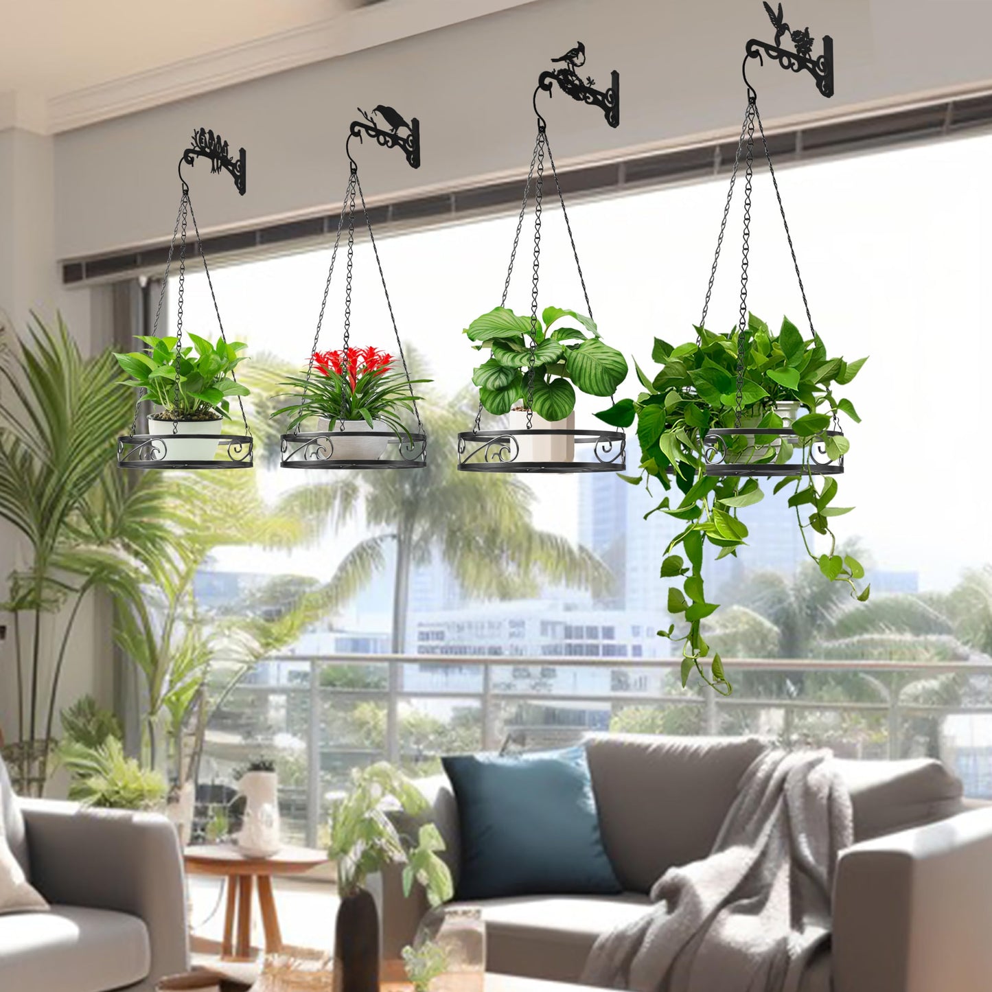 4-Pack 10 Inch Aesthetic Plant Hanger Indoor and Outdoor – Metal Hanging Plant Bracket with Hummingbird Pattern – Heavy Duty Plant Hooks for Hanging Flower Baskets, Bird Feeder, Wind Chime, Lantern