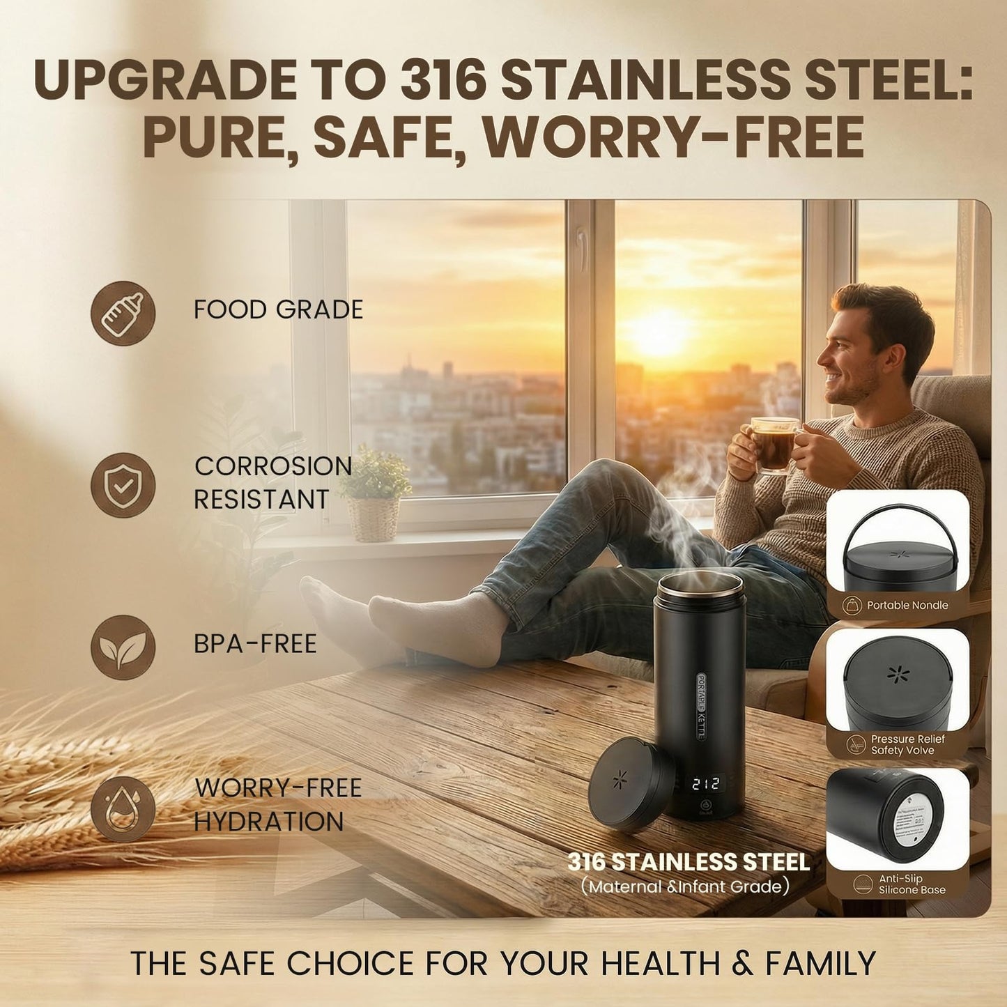 Rzlinn Portable Electric Kettle (120V), Travel Tea Kettle, 316 Stainless Steel Premium Liner, 4-speed Temperature Adjustment with Auto Shut-off and Boil-Off Protection black