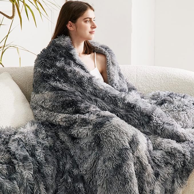 Bedsure GentleSoft Fluffy Sherpa Fleece Faux Fur Blankets Queen Size for Bed, Bedroom Decor Winter Thick Warm Full Queen Blankets, Fuzzy Plush Soft Heavy Mink Tie Dye Grey Bedding Cozy Gifts, 90x90