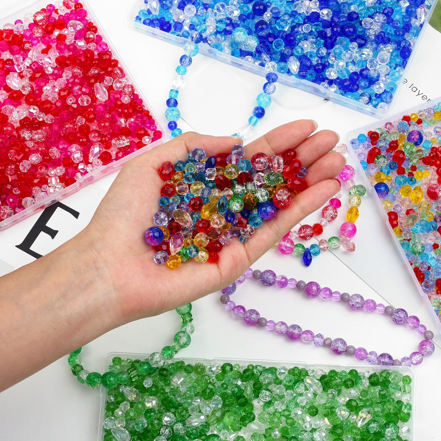 NUKAYAI 1200 Pcs Crystal Glass Beads for Jewelry Making โ 13 Styles Bicone, Rondelle, Cube, Teardrop, Smooth Round, Floral and Strawberry Beads Bulk for DIY Bracelet Necklace Earring Craft Kit (Green)