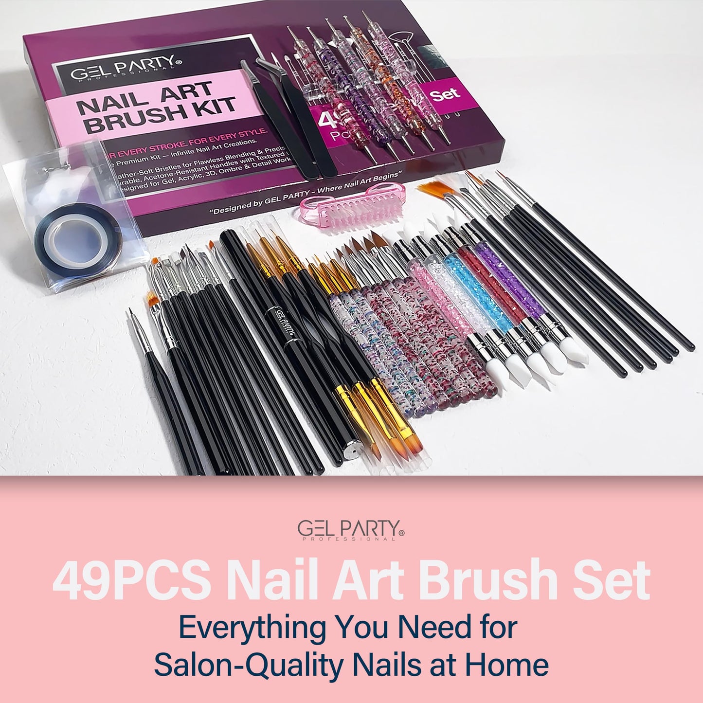 GELPARTY 49 PCS Nail Art Brush Set with Dotting Tools, Liner Brushes, Silicone Sculpting Tools & Tweezers β Professional Nail Design Kit for Acrylic, Poly Gel, Builder, DIY & Salon Use