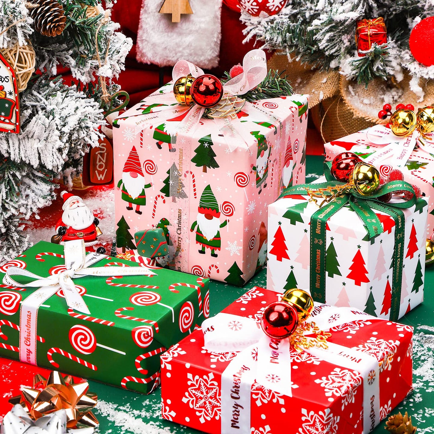 WRAPAHOLIC Christmas Wrapping Paper Set - Christmas Gnome Elf Holiday Collection Wrapping Paper Bundle with Gift Bow & Ribbon & Tag & Sticker
