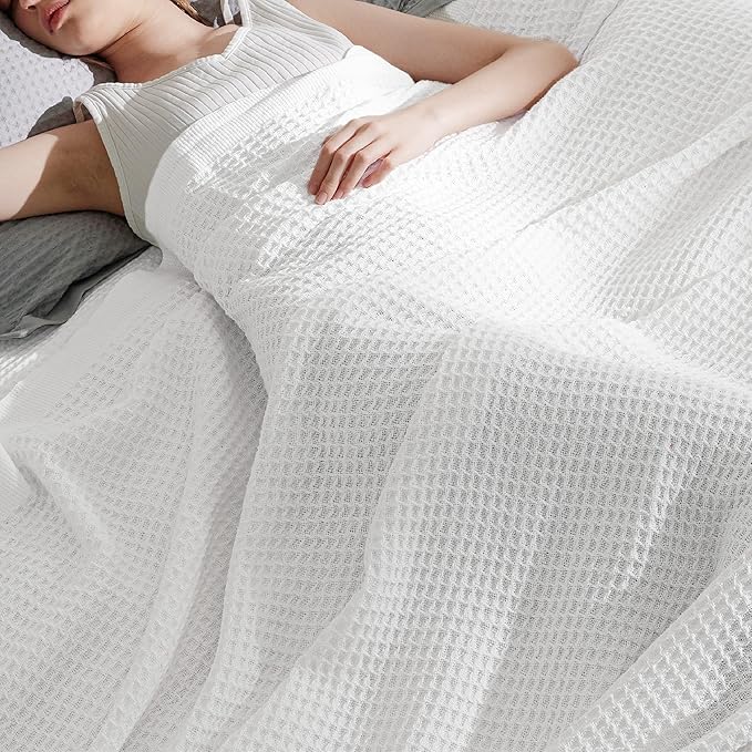 Bedsure 100% Cotton Large Throw Blanket for Couch 50x70 inches - Breathable and Soft, Waffle Weave Throw Blanket for Office, White