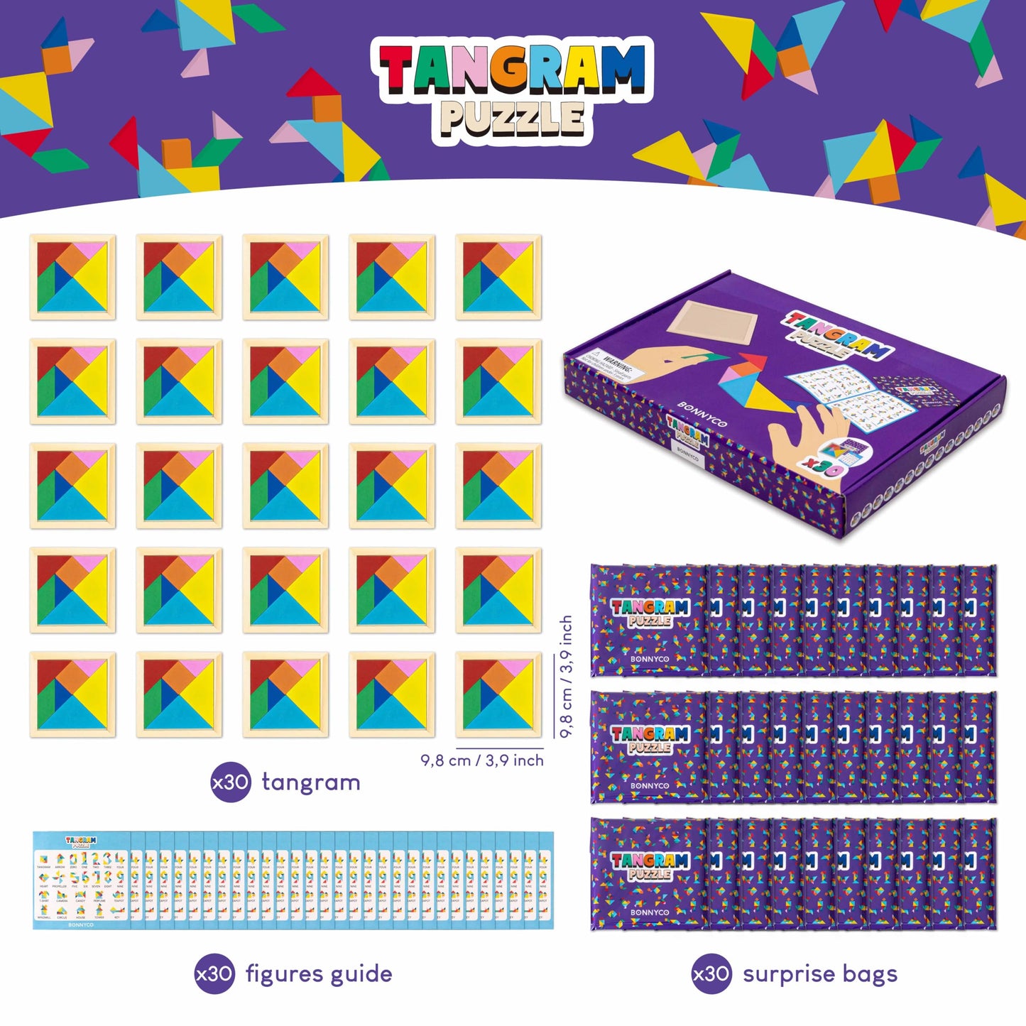 Tangram Puzzle Wooden Pack 30 Kids Party Favors - BONNYCO | Goodie Bags Stuffers for Kids 3-5 4-8, Return Gifts for Birthday Party Goody Bag Stuffers | Pinata Filler Toys Bulk Classroom Prizes Rewards