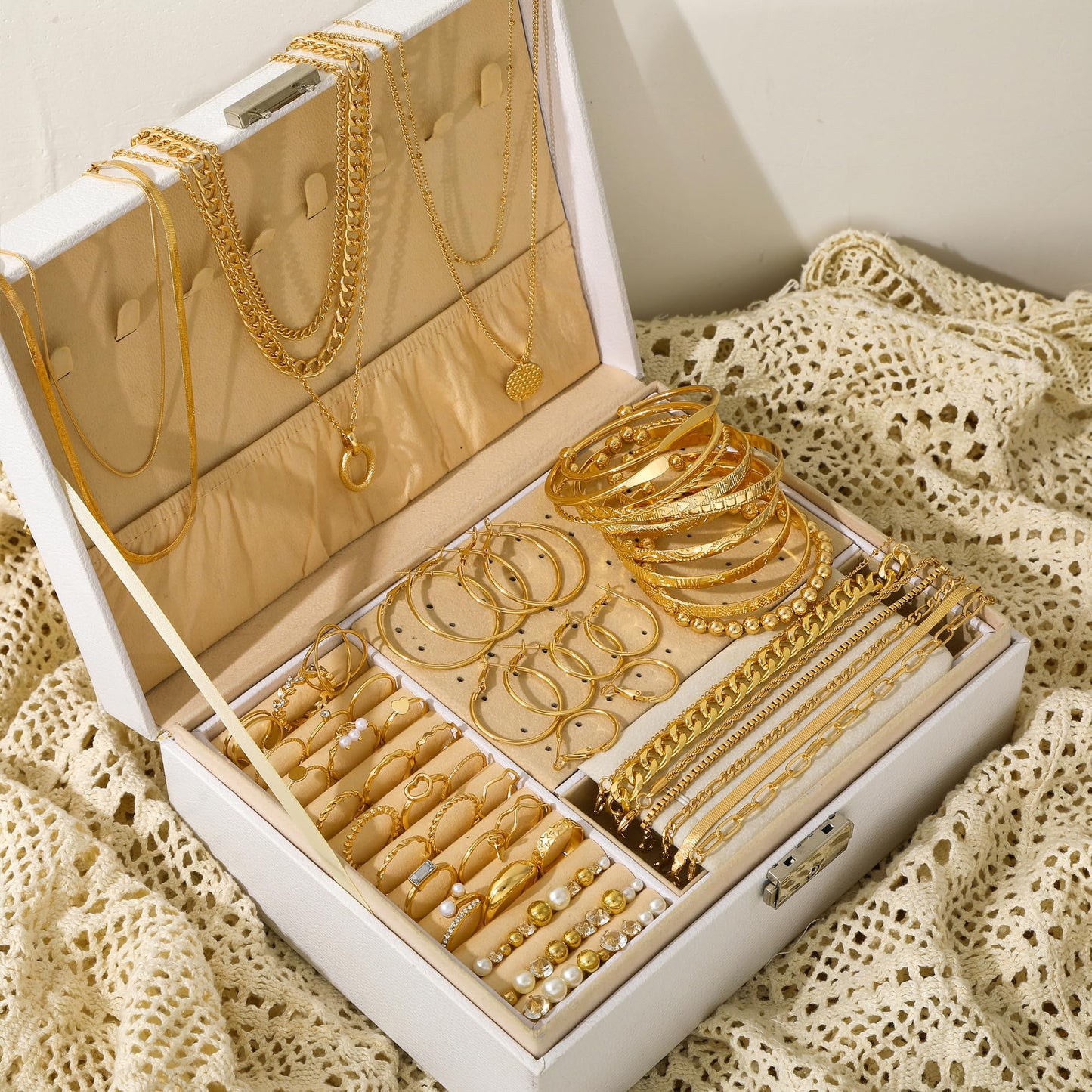 FAXHION 68 Pcs Gold Jewelry Set for Women with 7 Necklace, 17 Bracelet, 5 Hoop Earrings, 15 Stud Earrings, 24 Knuckle Rings for Women Jewelry Set for Women