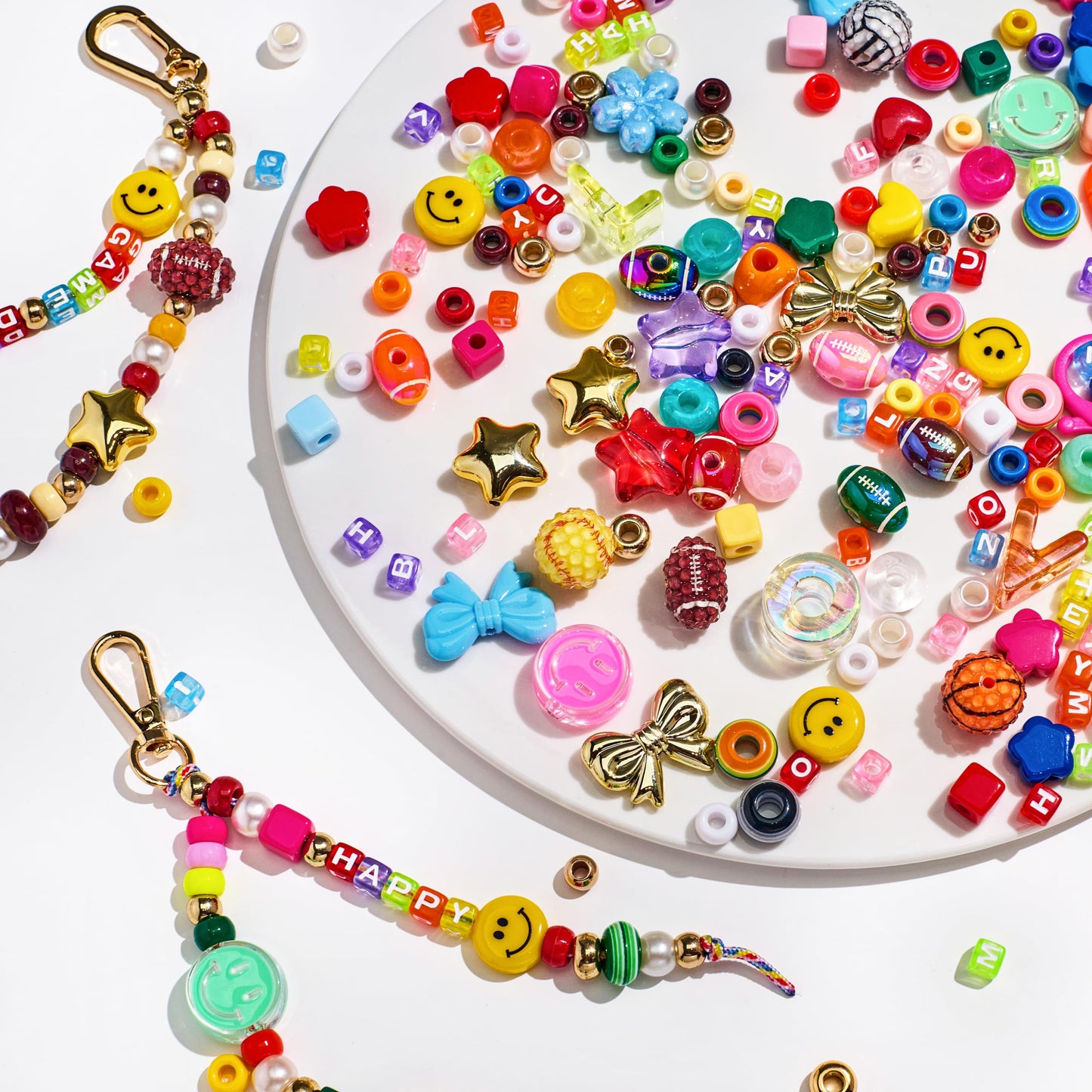 304PCS Beads Keychain Making Kit , Acrylic Colorful Letter Star Smile Bow Football Baseball DIY Supplies Crafts Key Chain Bag Charm Accessoriess Jewerly Making Kit for Girls Boys Kids Women