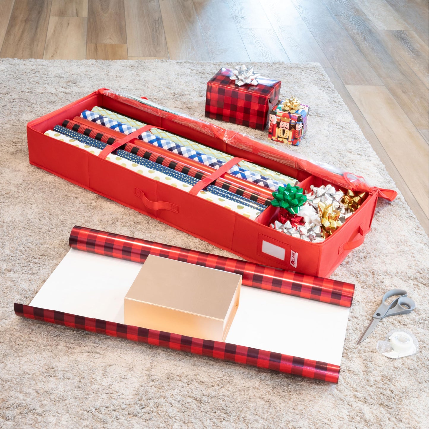 Premium Wrapping Paper Storage Container -Durable Material 600D tear-proof - Fits up to 27 Paper Rolls -Extra Pockets for Ribbons & Bows. Underbed Gift Wrap Organizer, Ideal for Holiday Christmas, etc