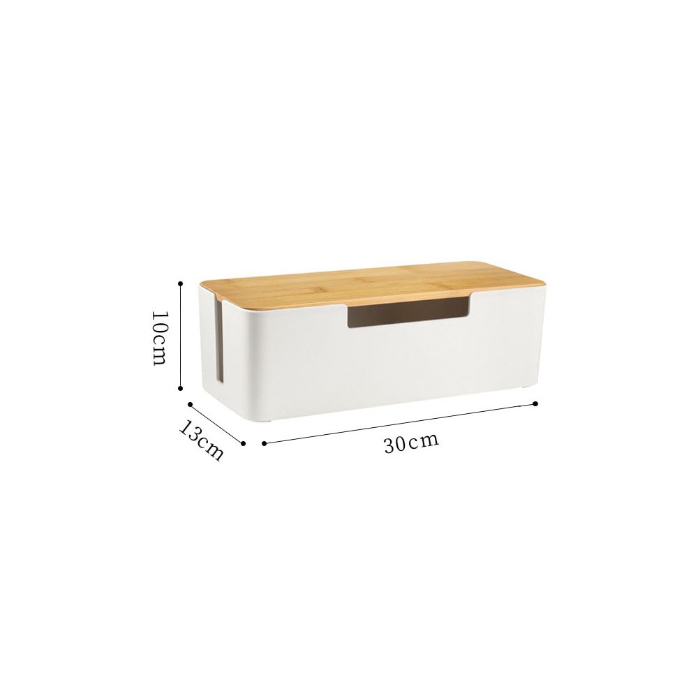 BUYSK ABS Cord Organizer Box with Wooden Lid, Cable Management Box for Power Strips or Surge Protectors, Desk Cable Tidy Box for Office Home(White)