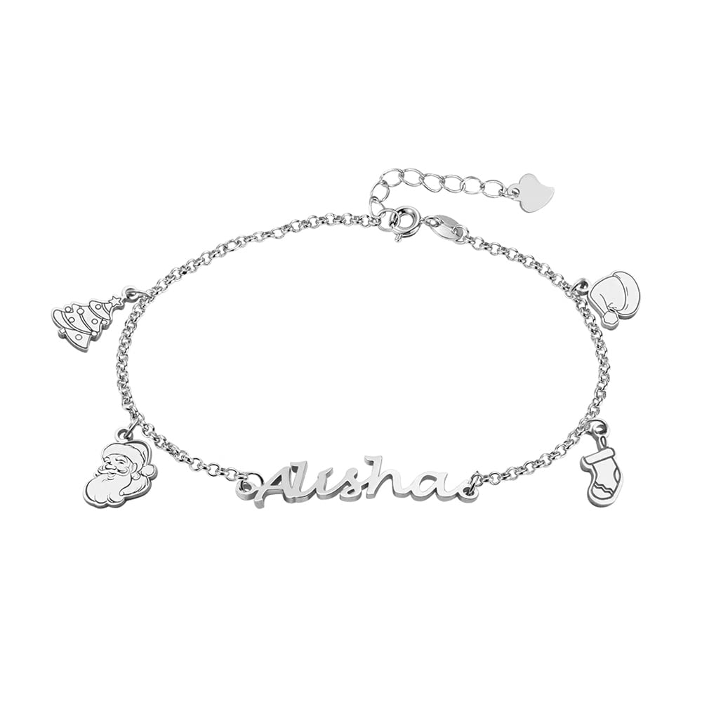 AILIN Custom Christmas Bracelet For Women With Xmas Trees/Santa Claus/Stockings/Hats Charm Sterling Silver 925 Personalized Name Bracelets Jewelry Gifts For Her Mother Daughter