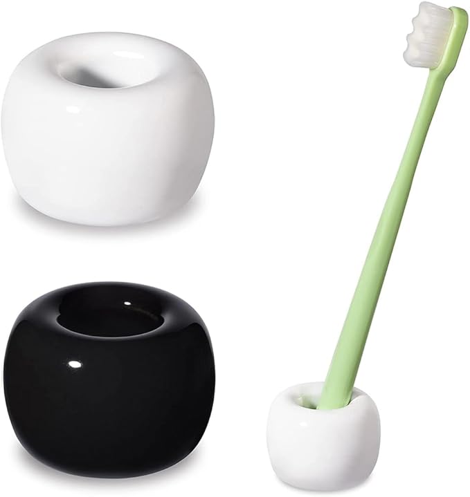 Mini Ceramics Toothbrush Holder Stand for Bathroom Vanity Countertop, Handmade Couple Toothbrush Head Holder, Shaver Holder and Office Pen Holder, Black&White, Pack of 2