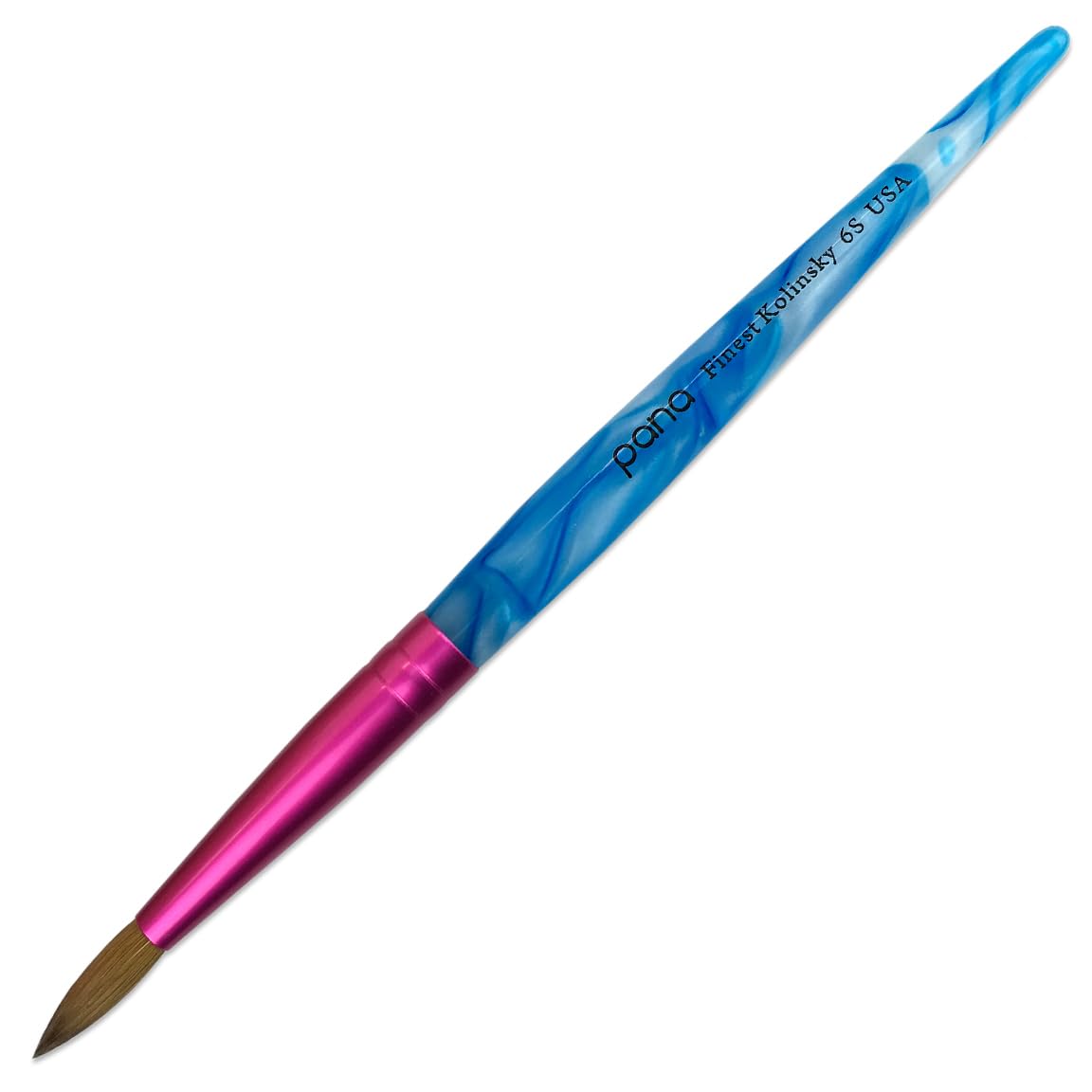 PANA Pure Kolinsky Hair Acrylic Nail Brush - Round Shape Pink Ferrule with White Swirl Blue Handle (Size 6) - Nail Brush for Acrylic Nail Application, Nail Extension, Manicure Pedicure Salon Beginner