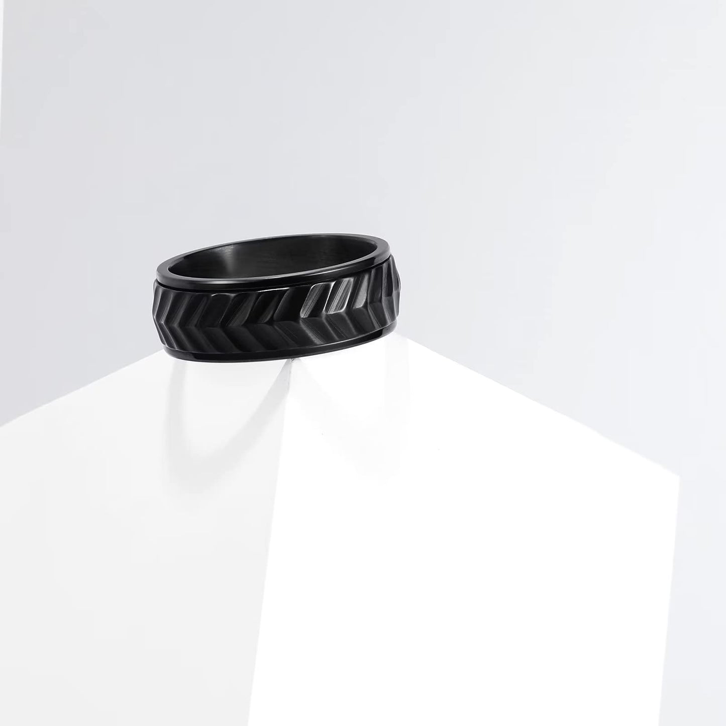 King Will Mens Black 8mm Spinner Rings Tire Stripe Groove Stainless Steel Anxiety Fidget Ring for Men 12