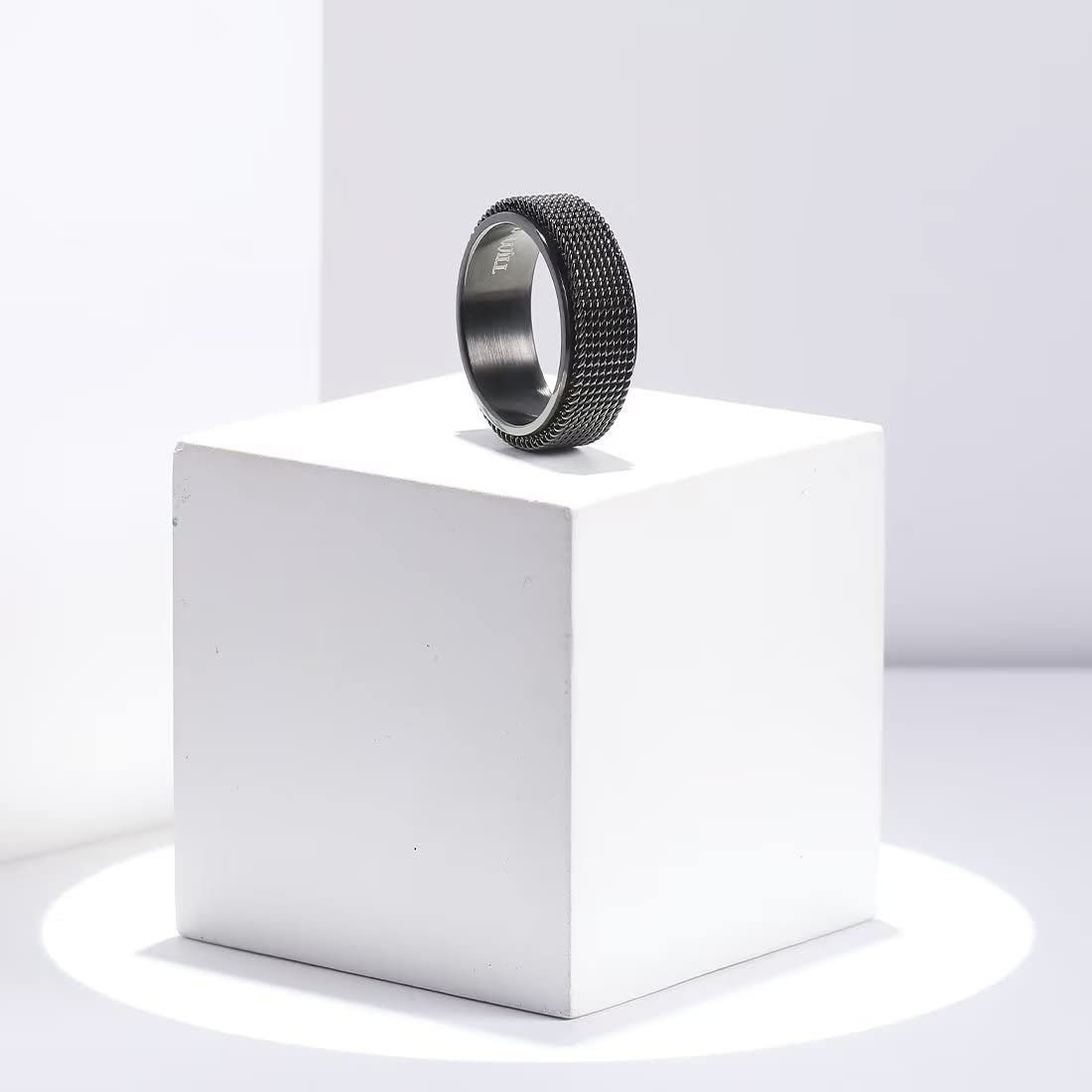 King Will Black 8mm Stainless Steel Chain Mesh Simple Plain Spinner Anxiety Ring for Women Men Wedding Band Ring Fidget Ring Mesh Chain Woven Mesh 7