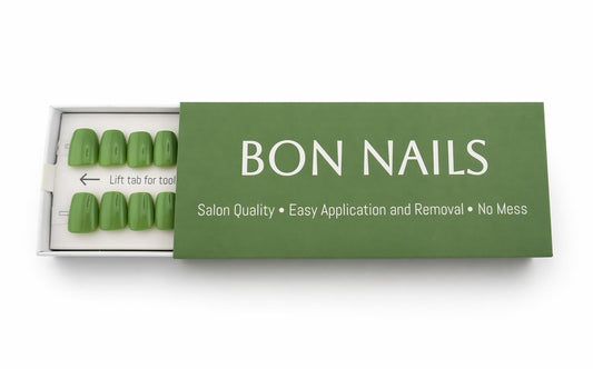 Bon Nails Press-On Nails, Classic Short Style, 30 Pieces with Glue Tabs, Alcohol Pads, Mini Filer, Cuticle Stick (Matcha Green)