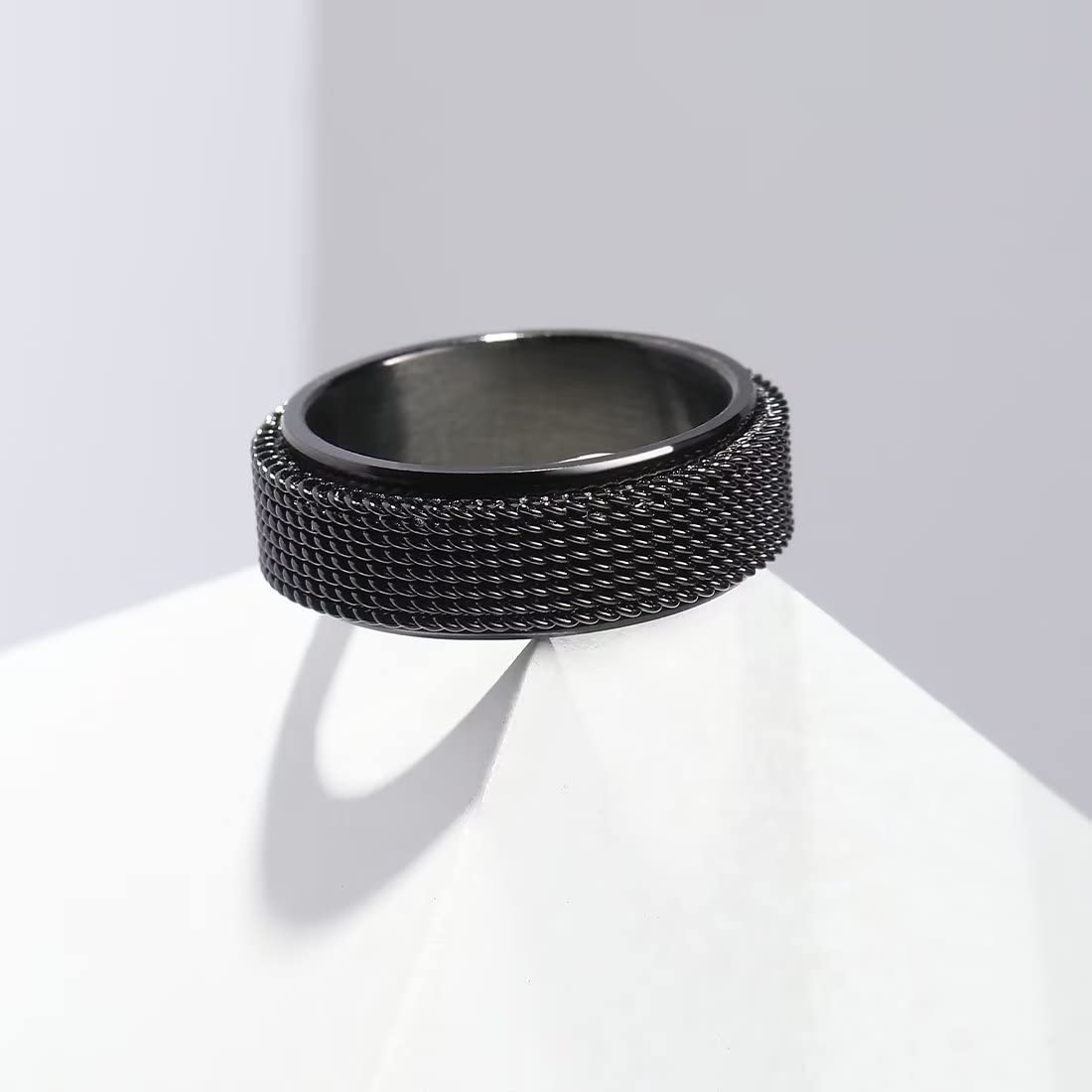 King Will Black 8mm Stainless Steel Chain Mesh Simple Plain Spinner Anxiety Ring for Women Men Wedding Band Ring Fidget Ring Mesh Chain Woven Mesh 9