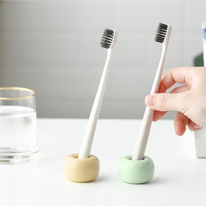 Mini Ceramics Toothbrush Holder Stand for Bathroom Vanity Countertop, Handmade Couple Toothbrush Head Holder, Shaver Holder and Office Pen Holder, Yellow&Green, Pack of 2