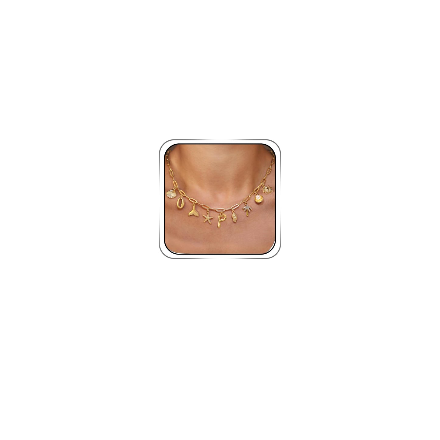 JALZEMPL Initial Charm Necklaces For Women Shell Letter Paperclip Chain Seashell Starfish Beach Summer Pendant Boho Surfer 14K Gold Plated Jewelry Gift (P)