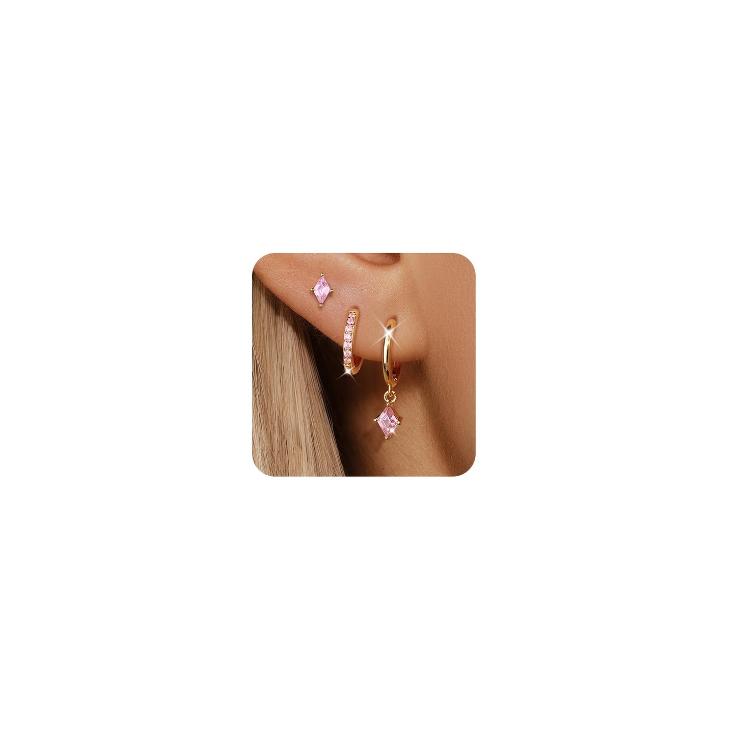 Gold Hoop Earrings Set for Women, Dainty 14K Gold Plated Pink Earrings, Hypoallergenic Trendy Small Earring Stacks Multiple Piercing, Huggies Hot Pink Dangle Earring Jewelry for Women