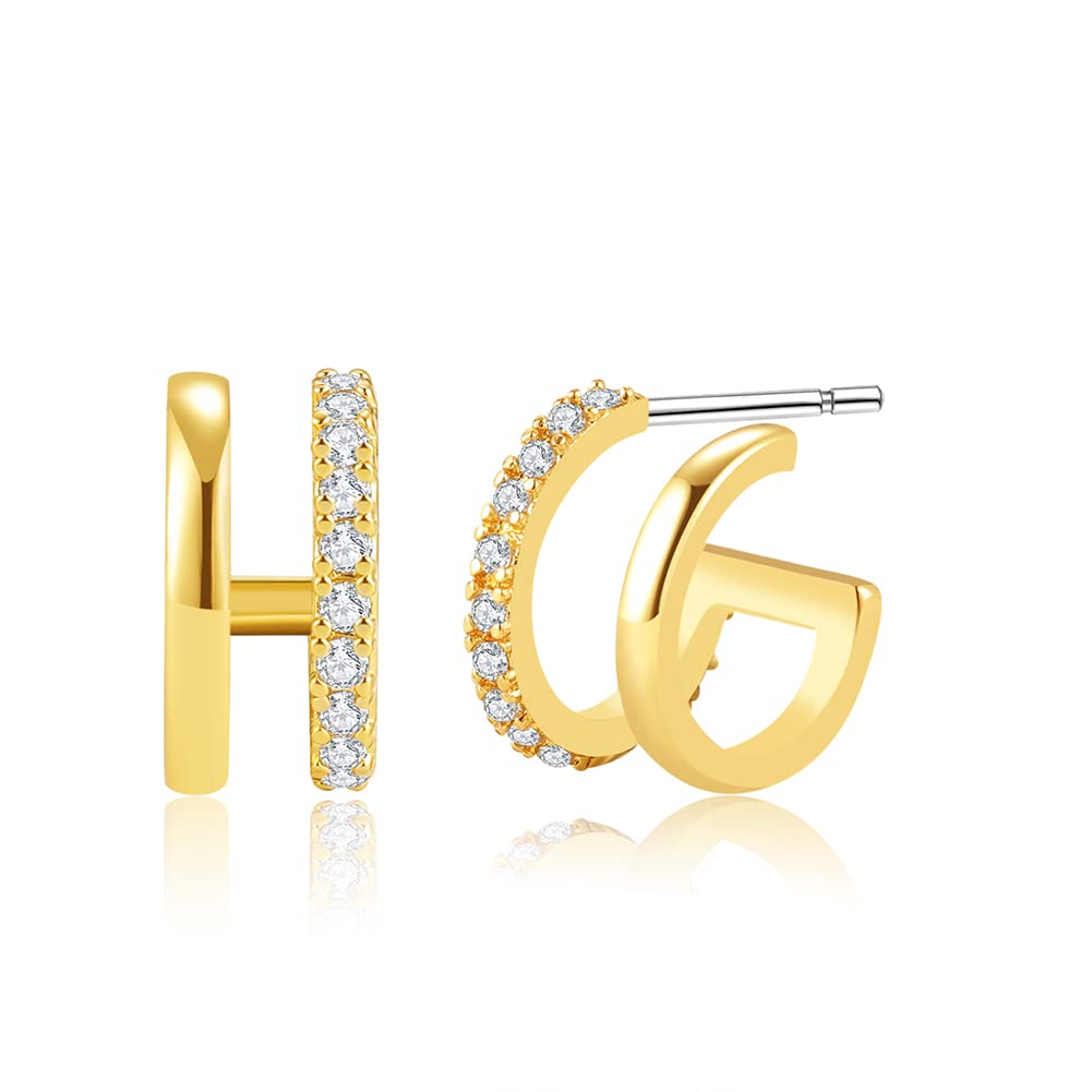 Obidos 14K Gold Plated Double Huggie Hoop Earrings for One Hole | Illusion Stud Earrings for Women