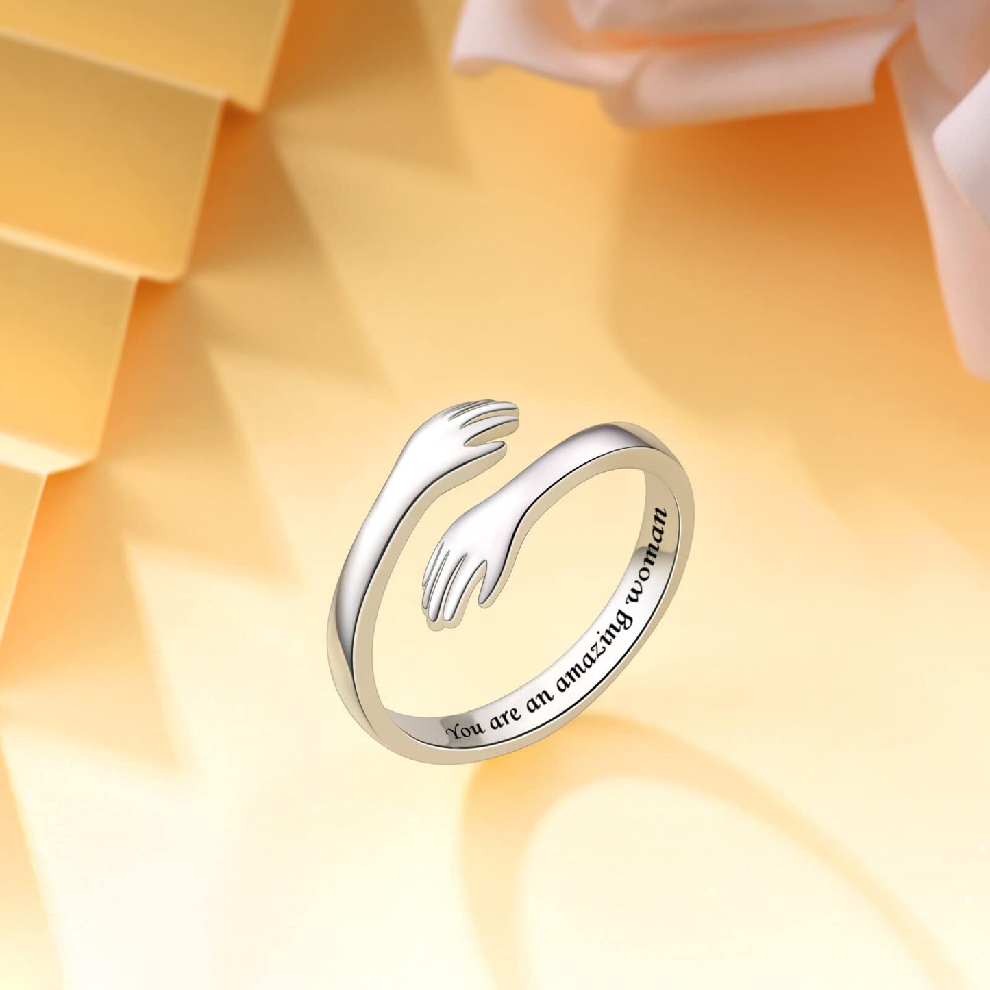 ACJFA Hug Rings for Women Sterling Silver Adjustable Ring for Women Daughter Hand Ring Jewelry for Birthday Gifts Holiday Gift for Teens(You are an amazing woman)