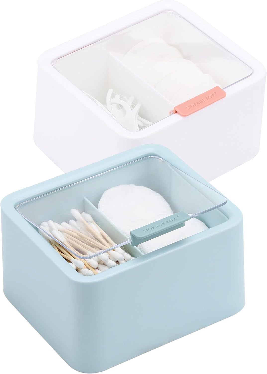 Tecbeauty 2pcs Qtips Holder - Middle Divider Cotton Pads Storage Dispenser Bathroom Organizer with Clear Hinged Lids for Cotton Balls Swabs Rounds-White & Blue