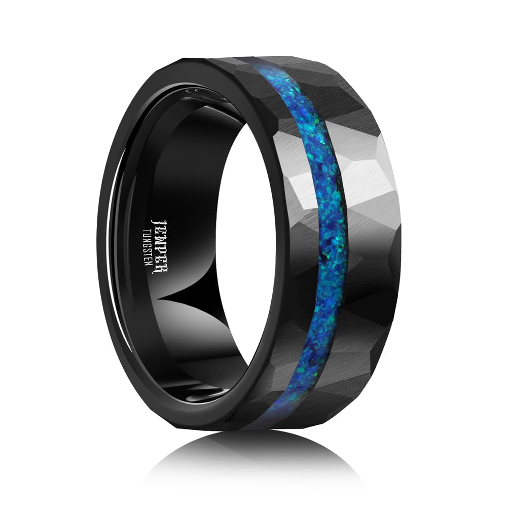 JEWPER 8mm Men Womens Wedding Band Tungsten Rings Black Blue Hammer pattern Fashion Promise Carbide Inlaid Opal Matte Finish Edge Comfort Fit Size(7)