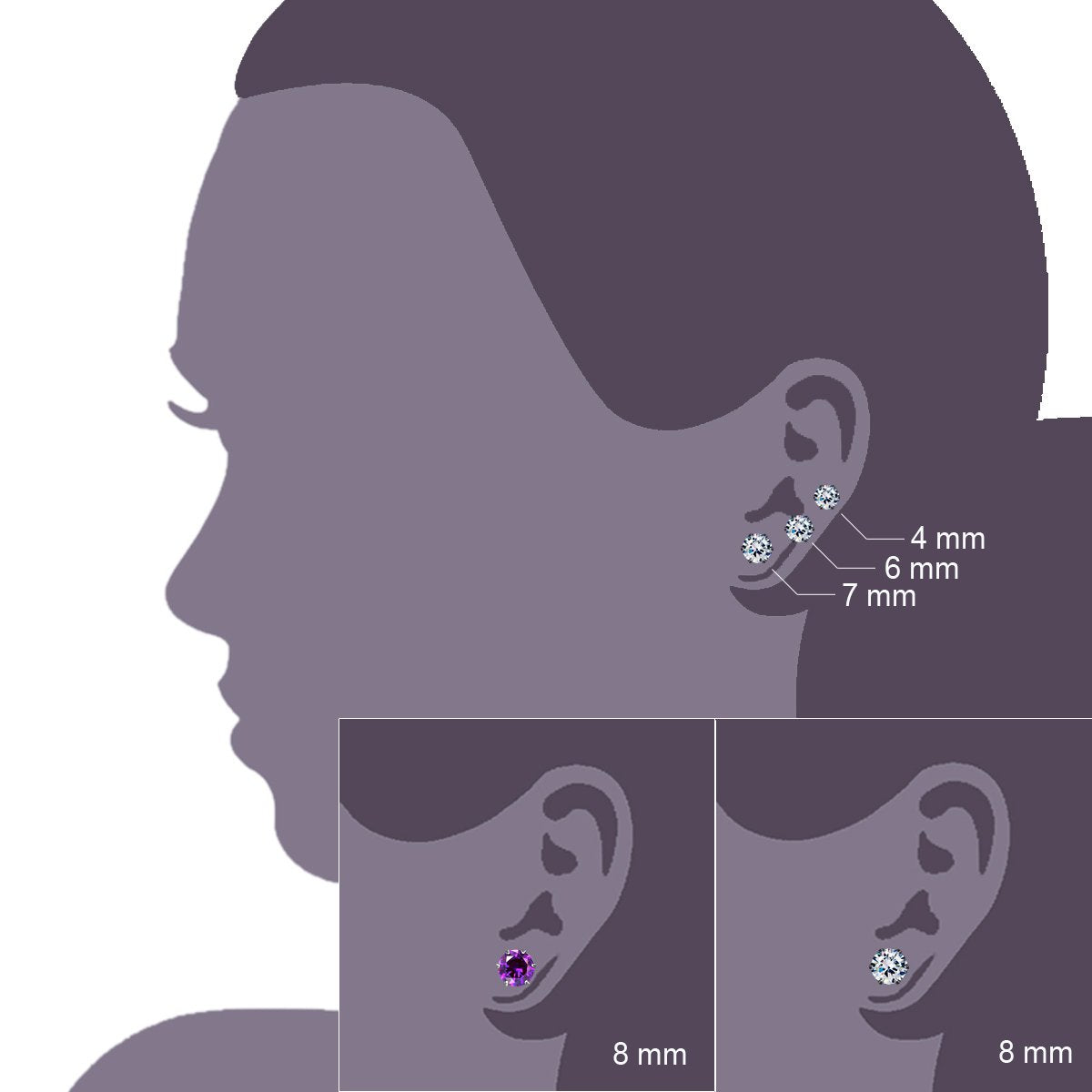 JewelrieShop Earrings for Women Studs Set Stainless Steel CZ Earing Hypoallergenic Multiple Piercing Ear Stud (8 pairs,4-8mm,White,Purple CZ)