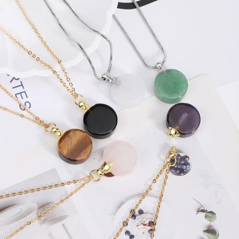 925 Sterling Silver Essential Oil Necklace For Women And Men, 14K Gold Filled Natural Stone Round Perfume Bottle Necklace, Essentials Oil Diffuser Vial Necklace (8 - Essential Oil Necklace)