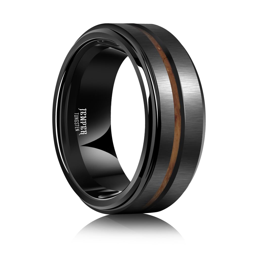 JEWPER 8mm Men Womens Wedding Band Tungsten Rings Black Fashion Promise Carbide Inlaid whiskey barrel wood Outer ring step edge sanding Matte Finish Edge Comfort Fit size(9)