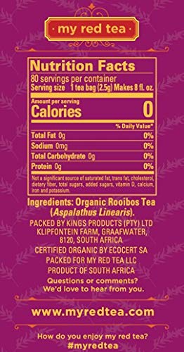 My Red Tea | USDA Organic Rooibos Tea | 80 Tagless Teabags | Single-Origin, Farmer-Friendly, Caffeine-Free | Sustainably Farmed in South Africa | Pure & Natural